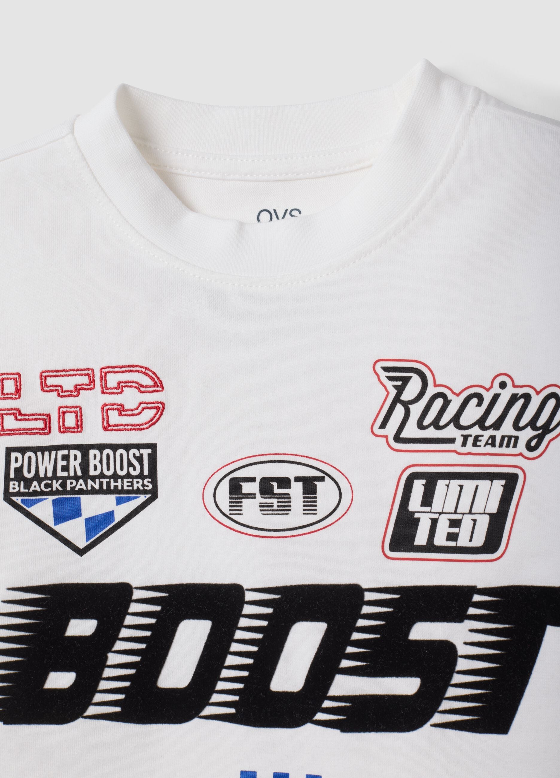 White pure cotton crew-neck racing print T-shirt for boys