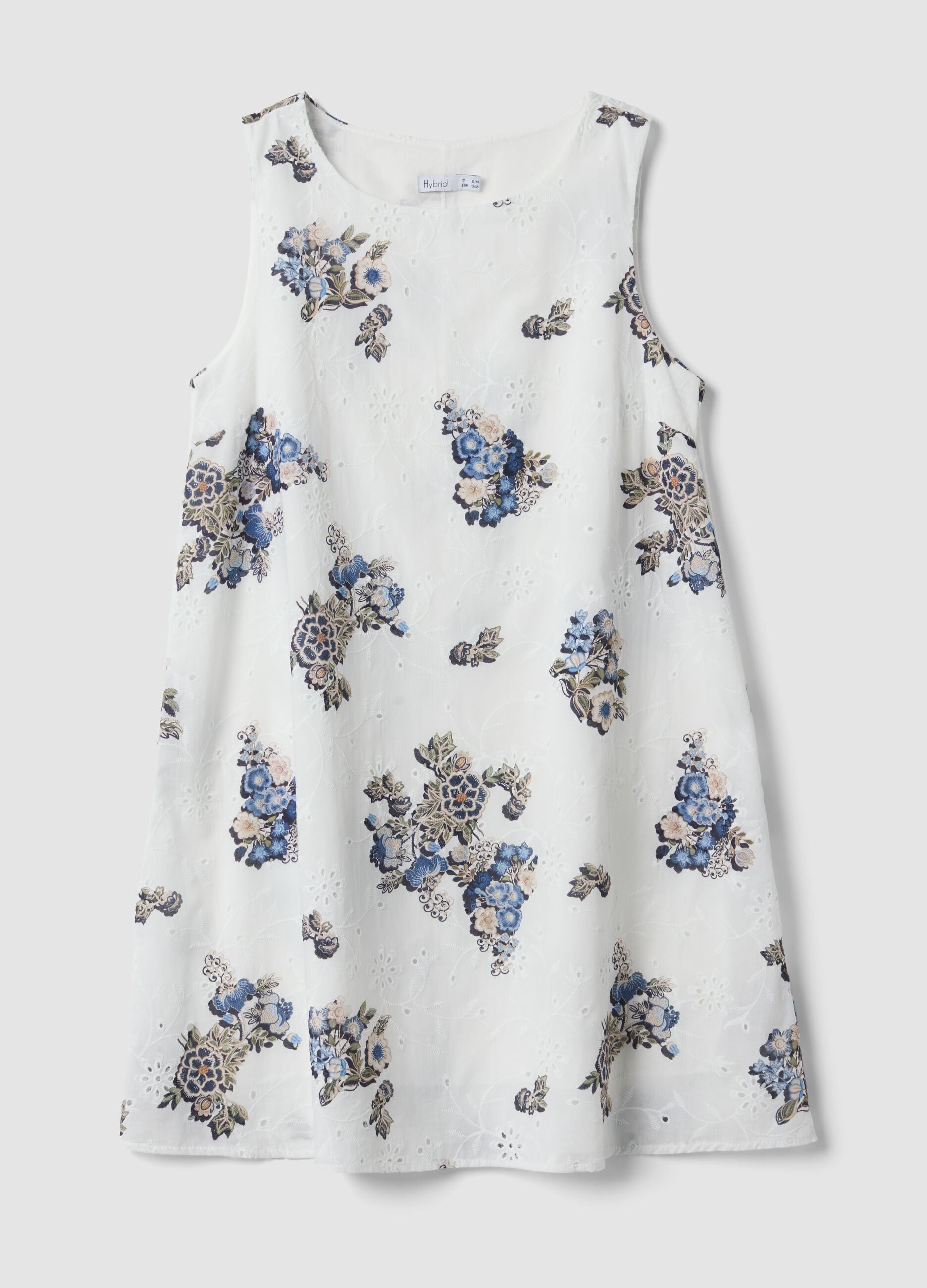 White pure cotton mini dress with floral print