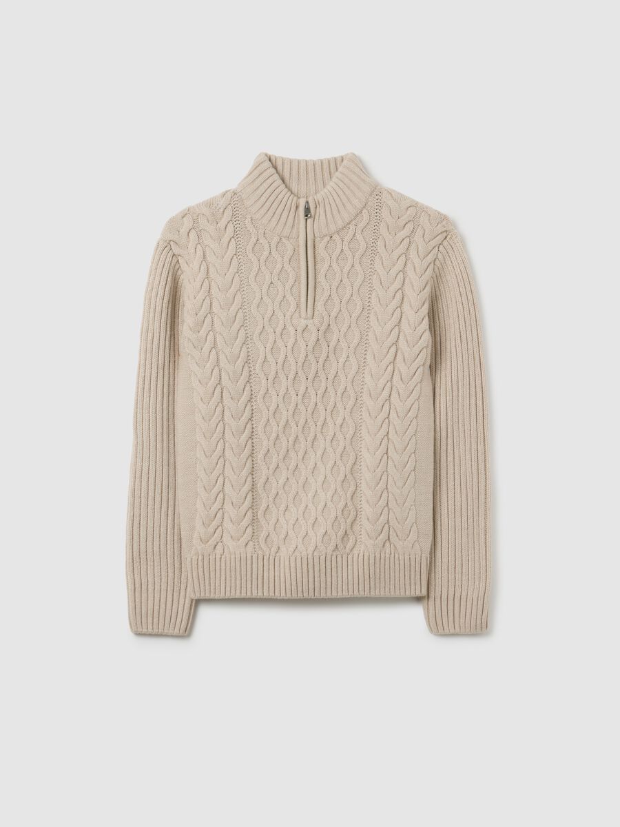 Maglione beige da ragazzo regular fit con design a treccia e mezza zip_3
