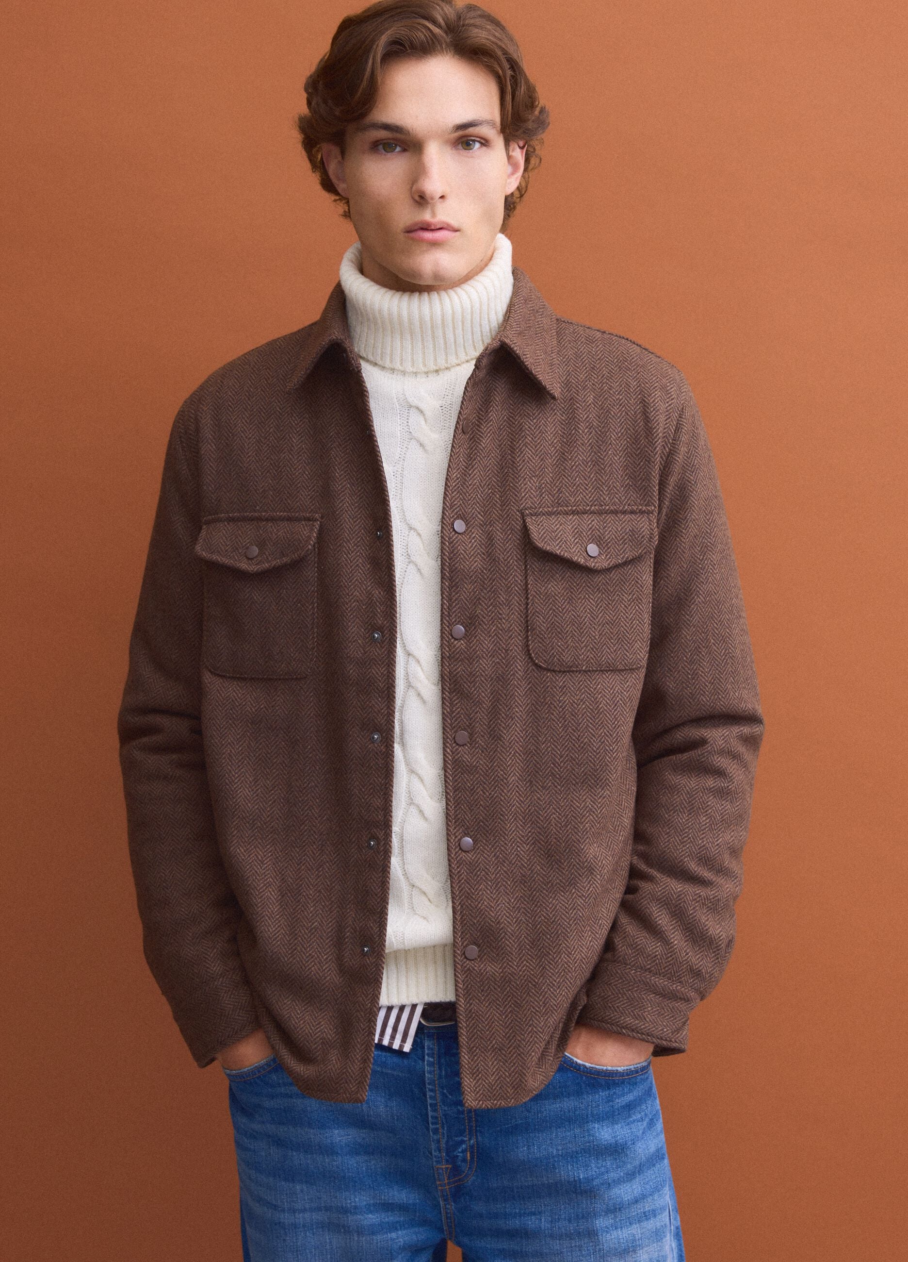 Brown wool-viscose blend shacket