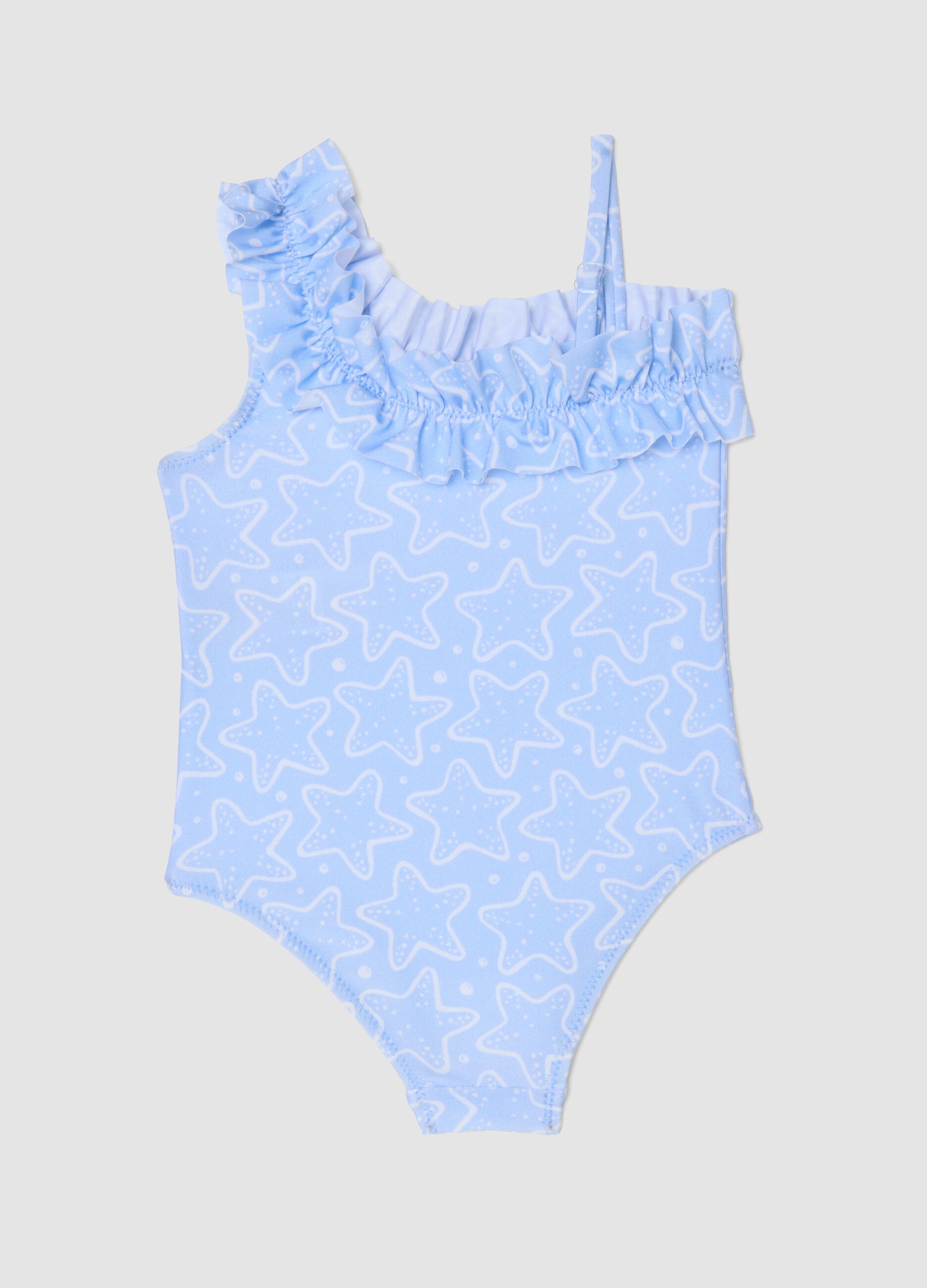 Baby girls&rsquo; light-blue stretch one-piece swimsuit with ruffles