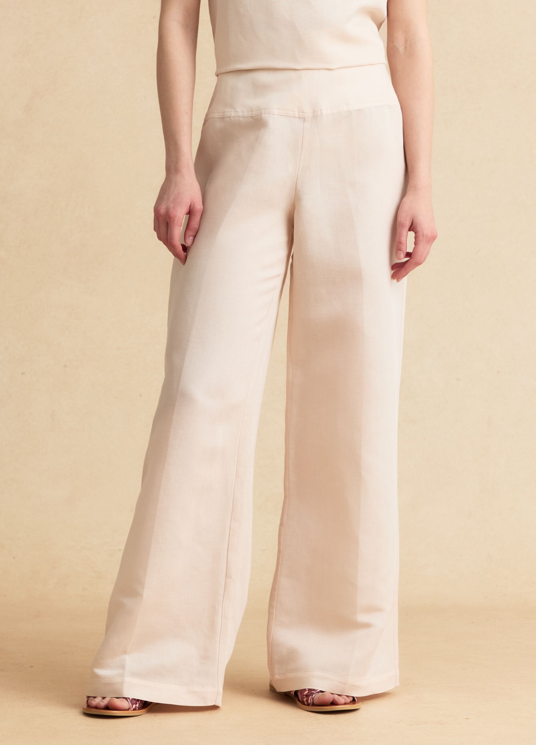 Pink linen-viscose blend wide-leg trousers with side zip fastening