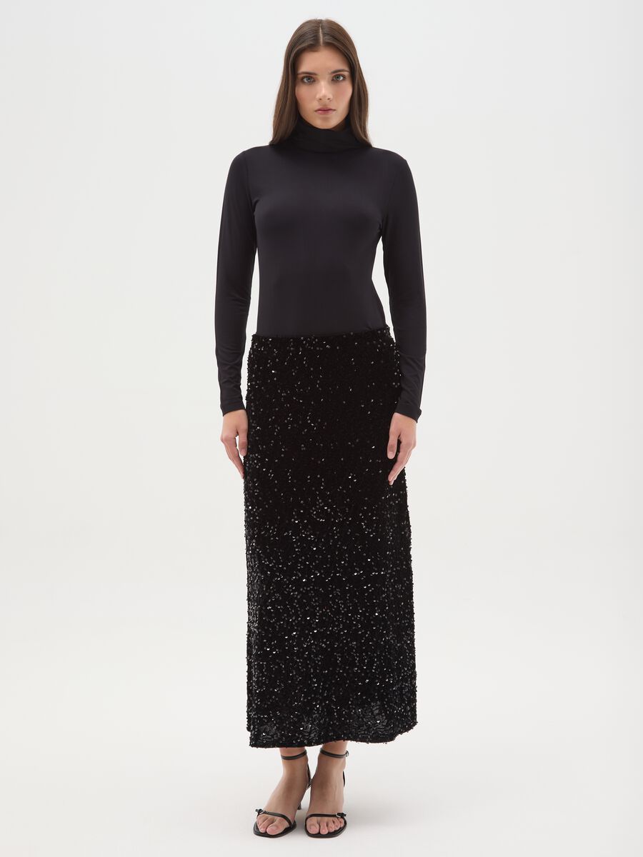 Black long skirt regular fit with sequins_0