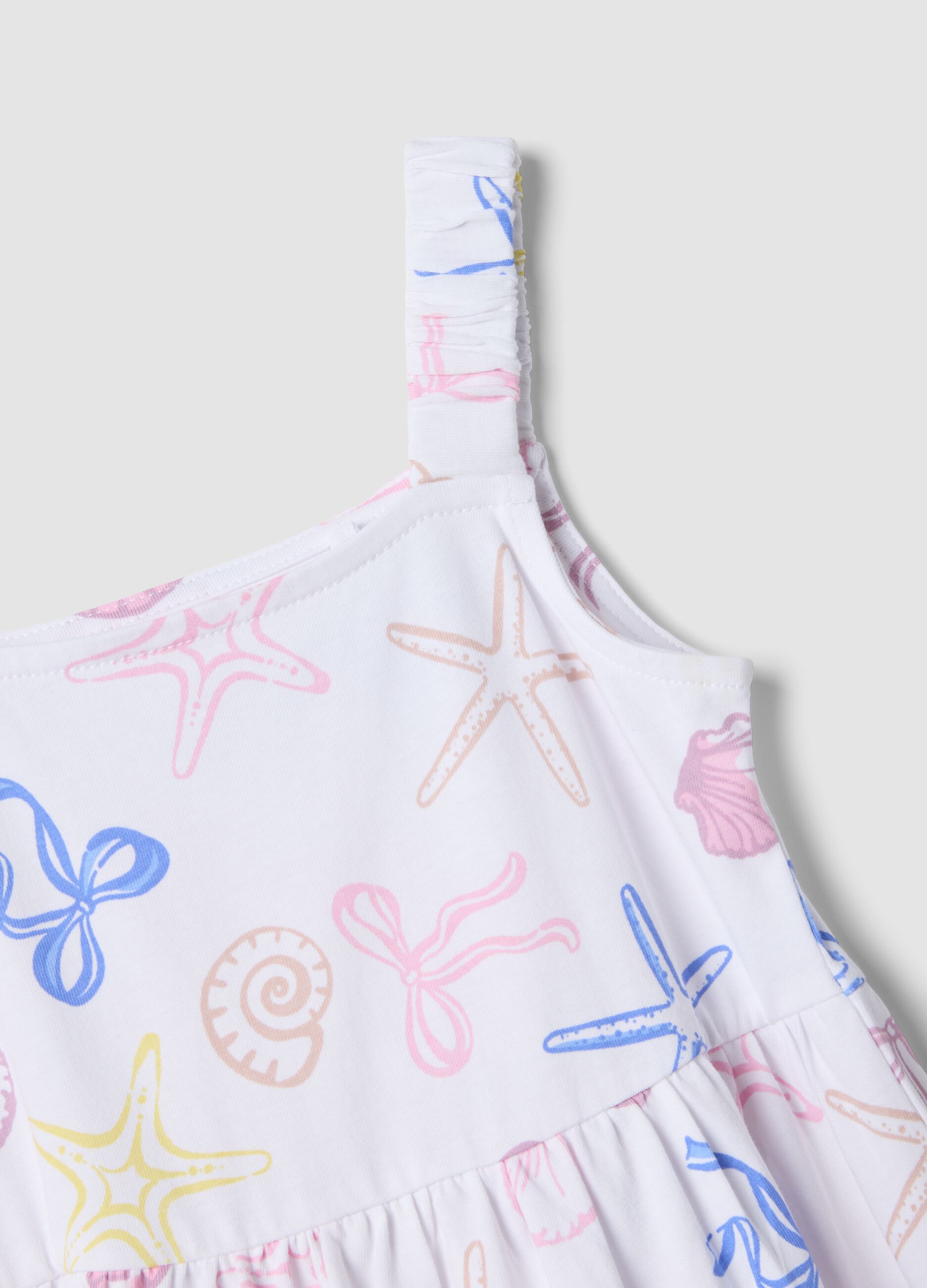 White pure cotton girls&rsquo; dress, regular fit, with seaside prints