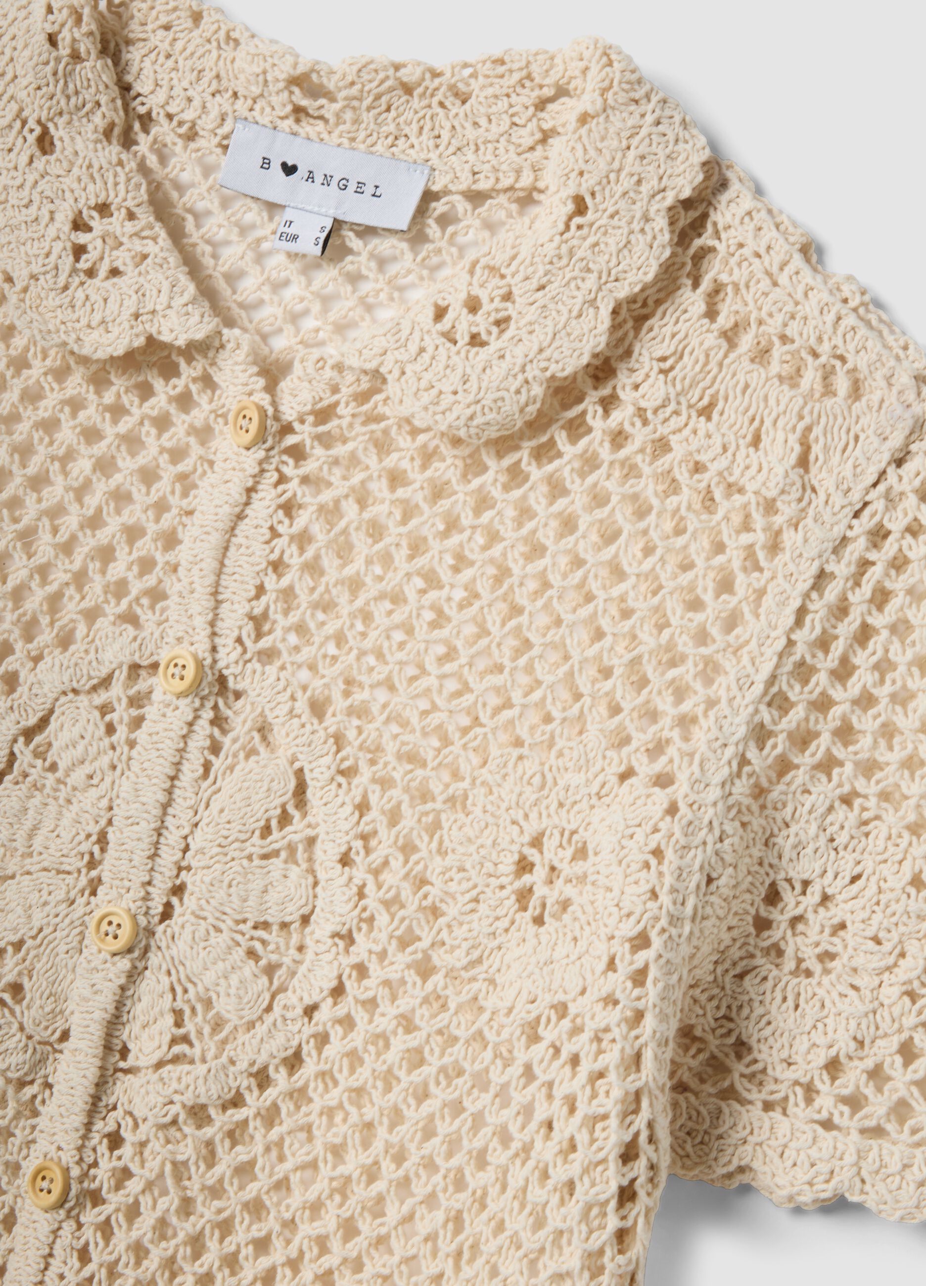 Beige cotton-blend regular-fit shirt with knitted detailing