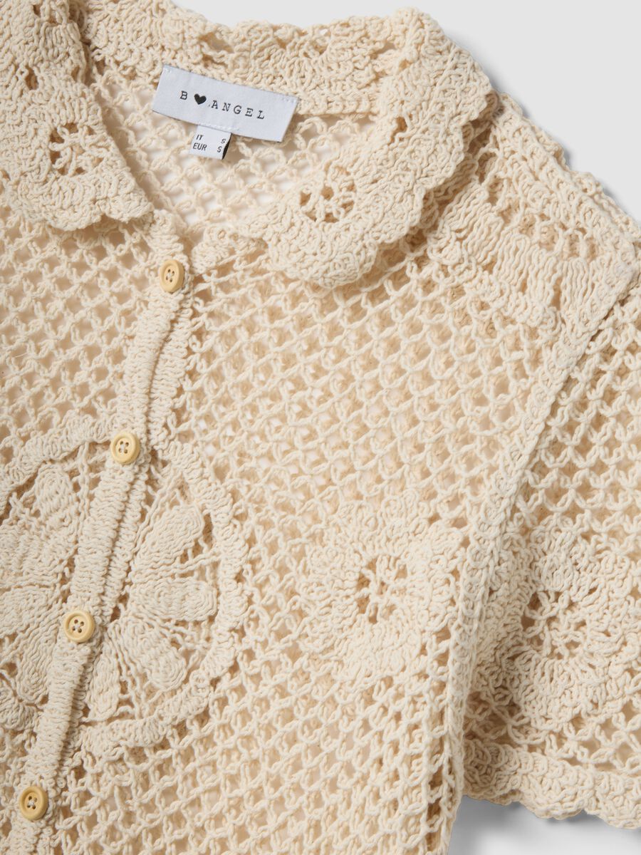 Camicia in misto cotone beige regular fit con lavorazione a maglia_5