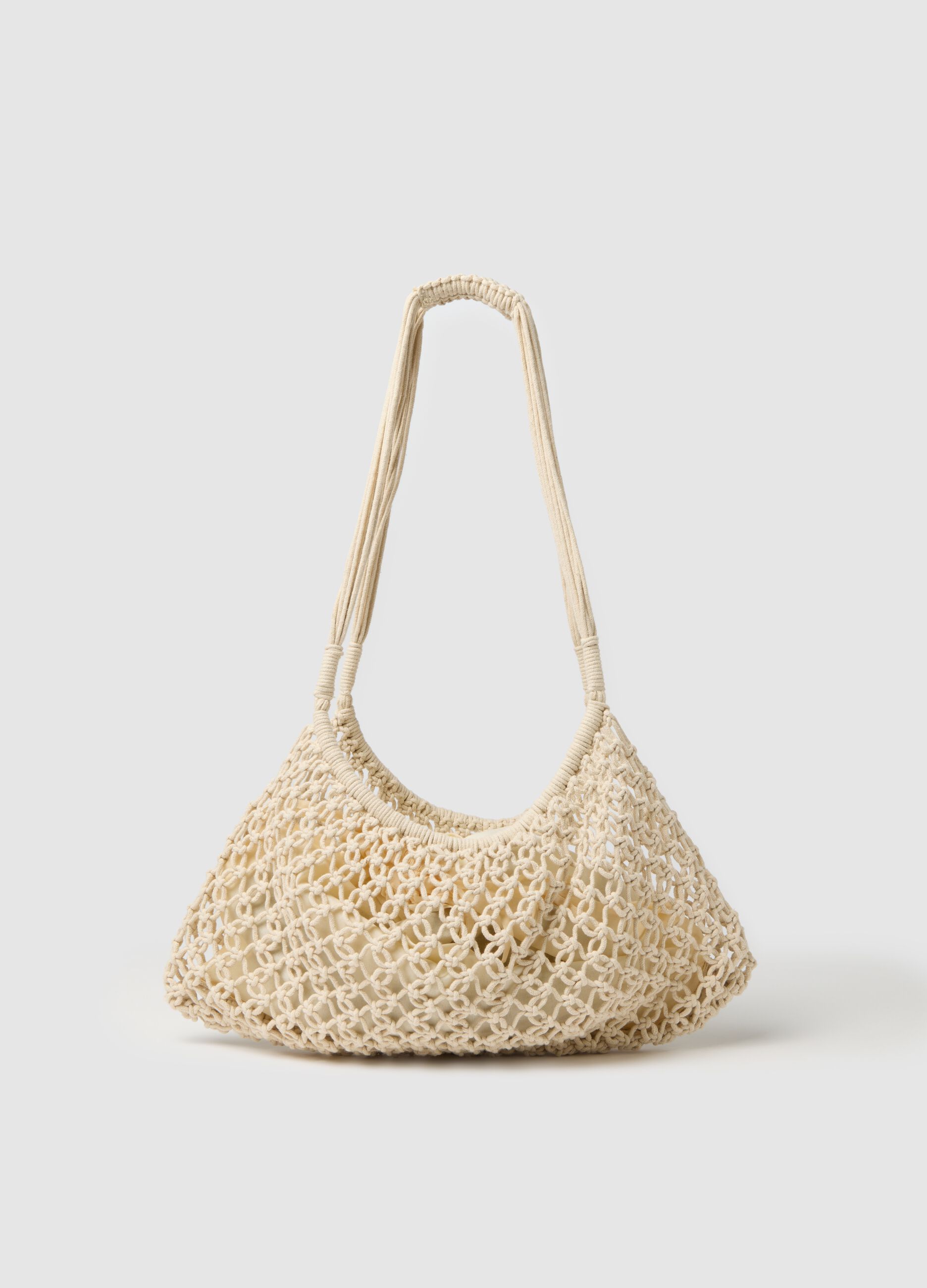 Borsa mare da donna in cotone beige con tracolla intrecciata