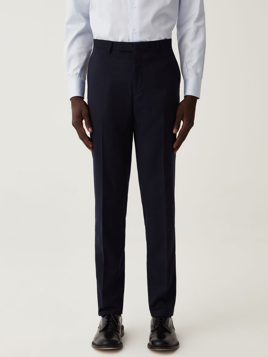 Pantalone slim fit micro trama a quadri blu navy_1