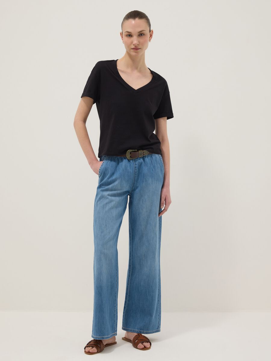 Blue pure cotton wide-leg denim jeans_0