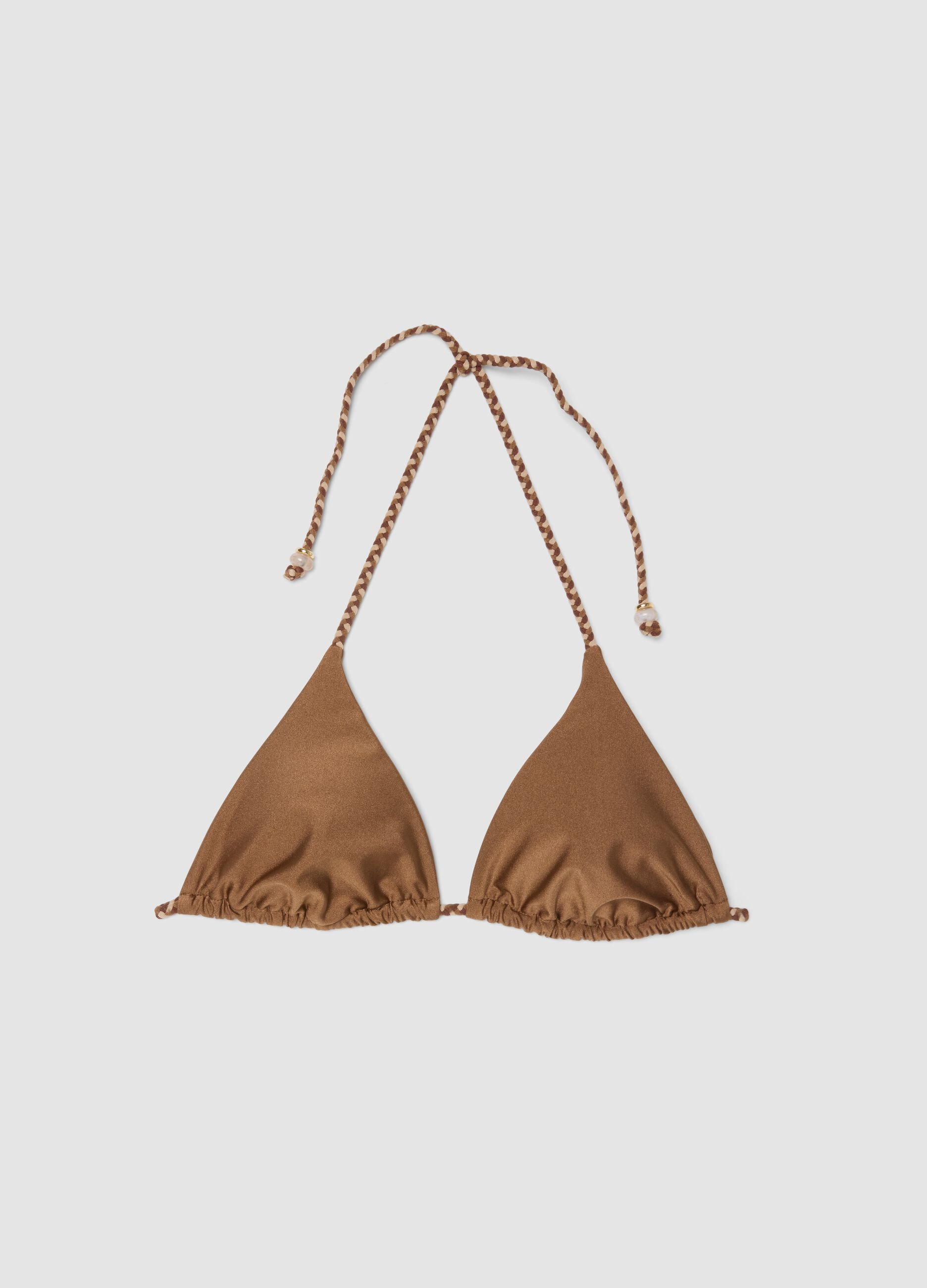 Brown triangle bikini top in stretch fabric with braided tie straps