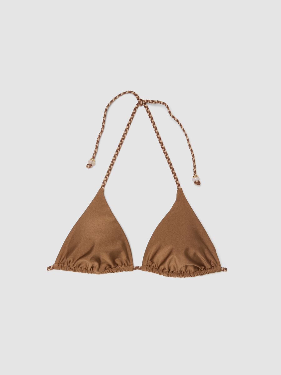 Brown triangle bikini top in stretch fabric with braided tie straps_4