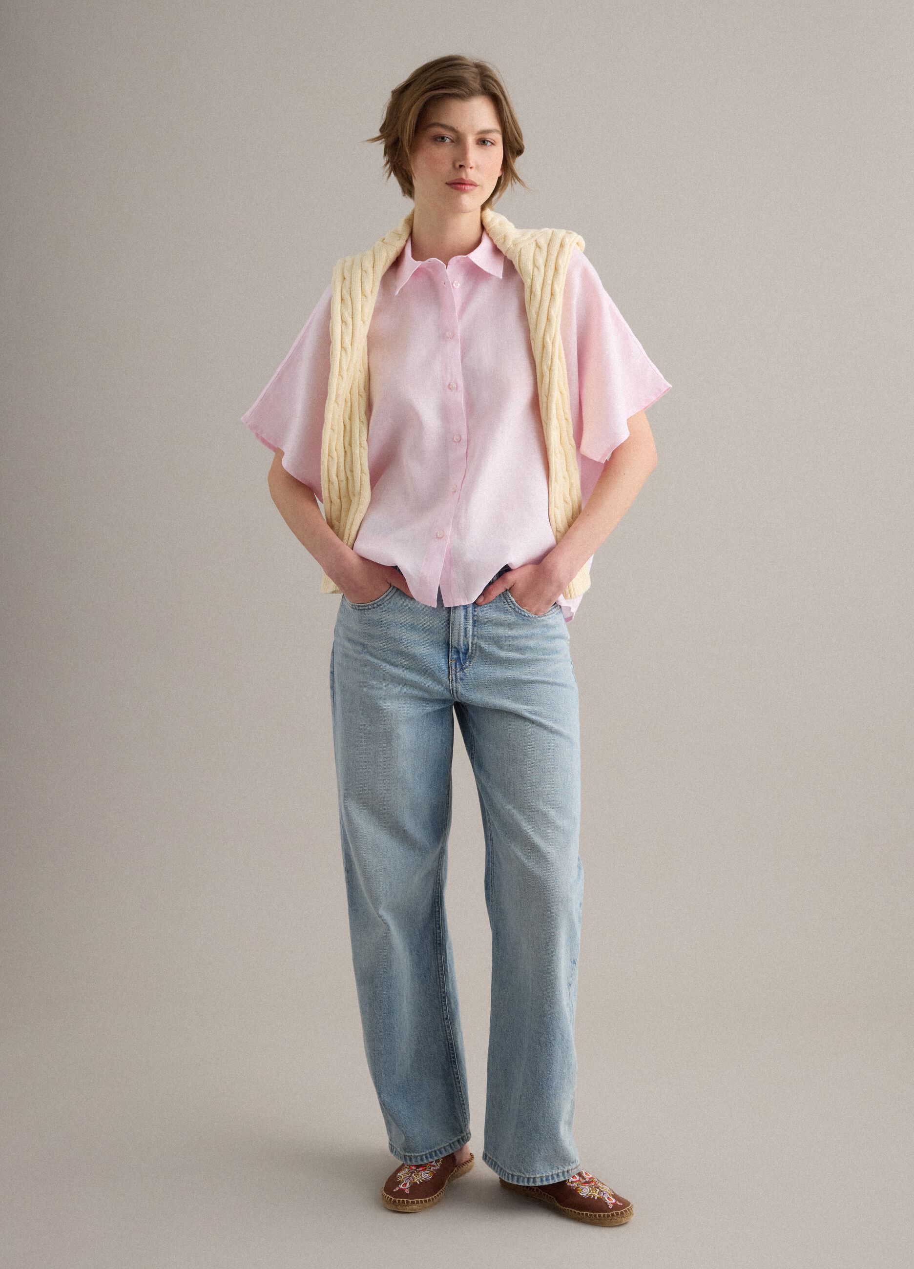 Pink pure linen regular-fit shirt