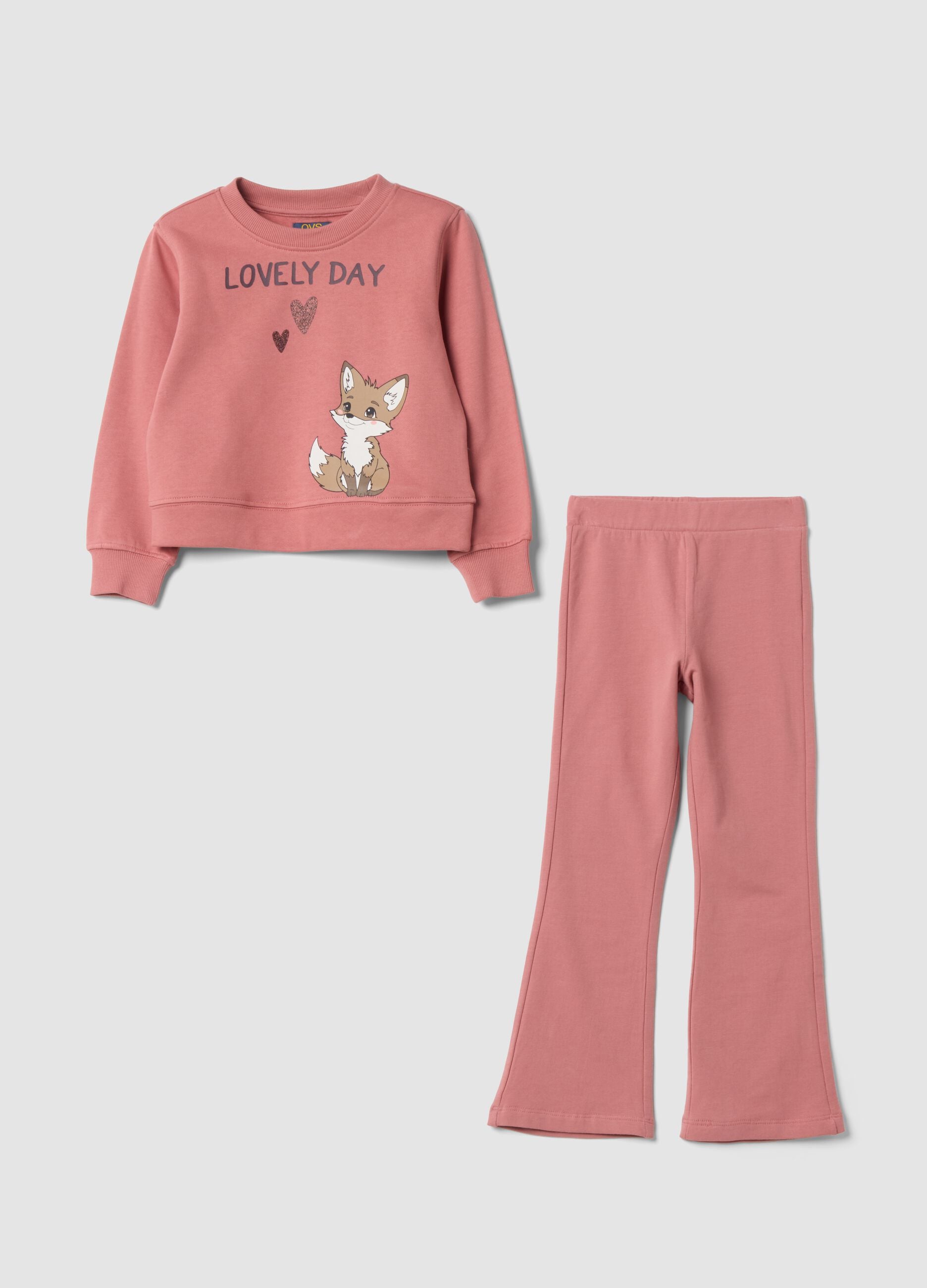 Completo jogging rosa in puro cotone con stampa volpe
