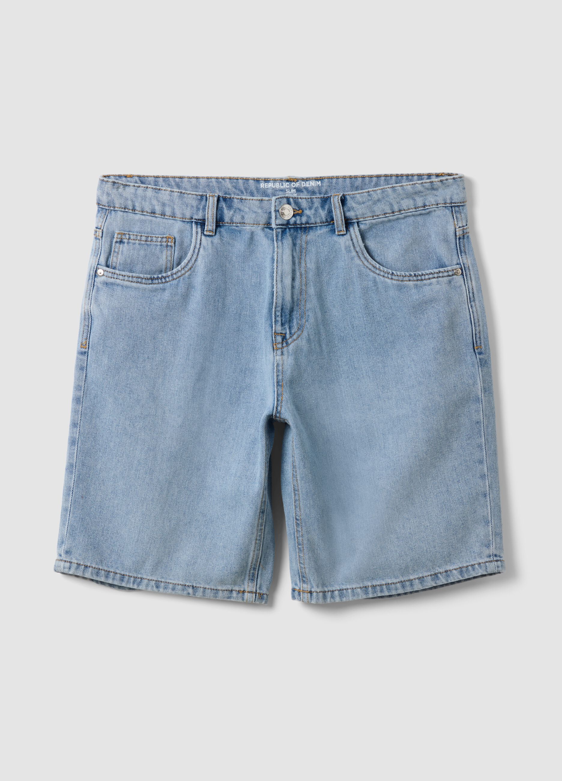 Light Blue Denim-Blend Slim Fit Shorts