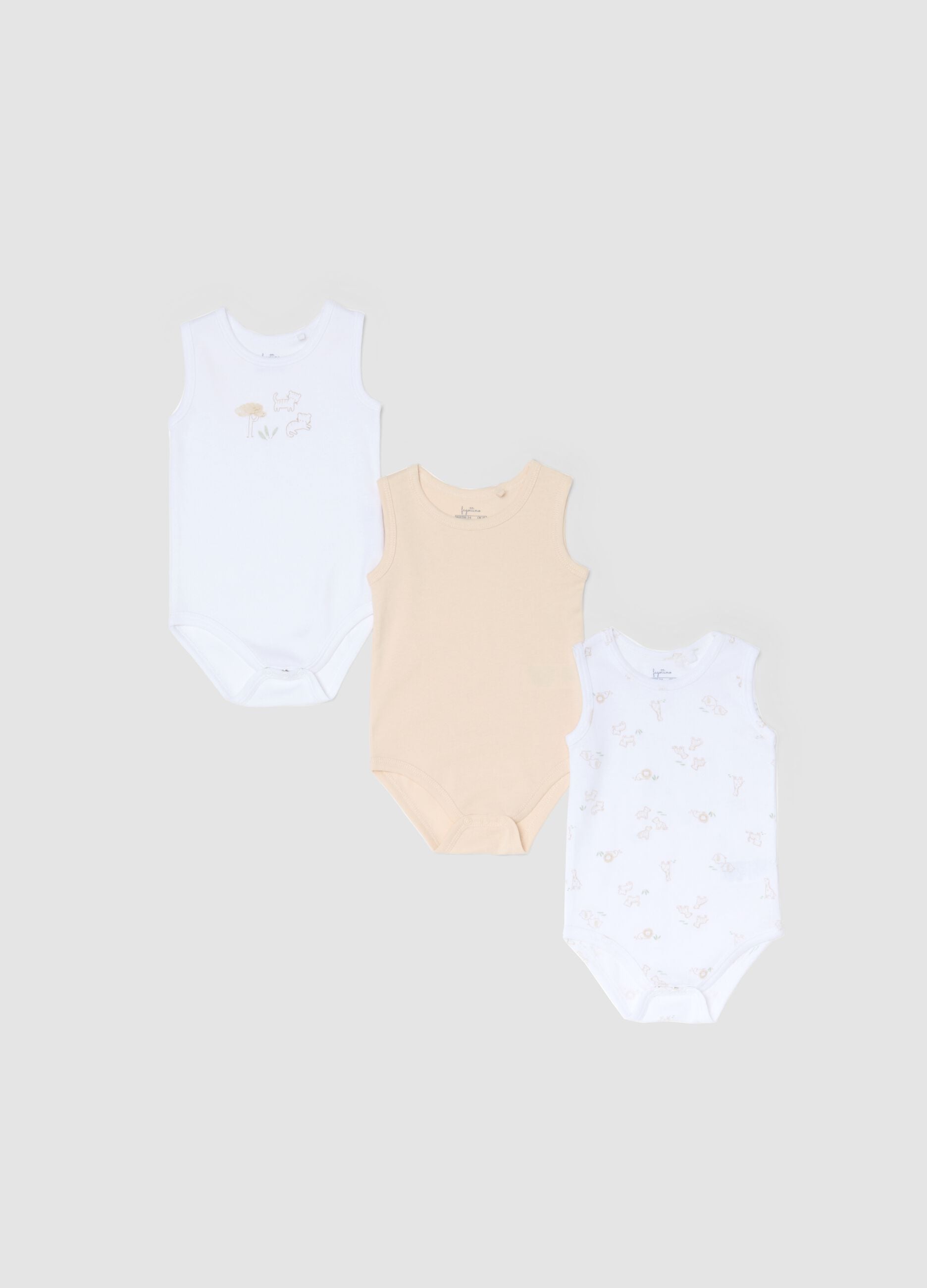 Multicolour sleeveless cotton baby bodysuit trio pack