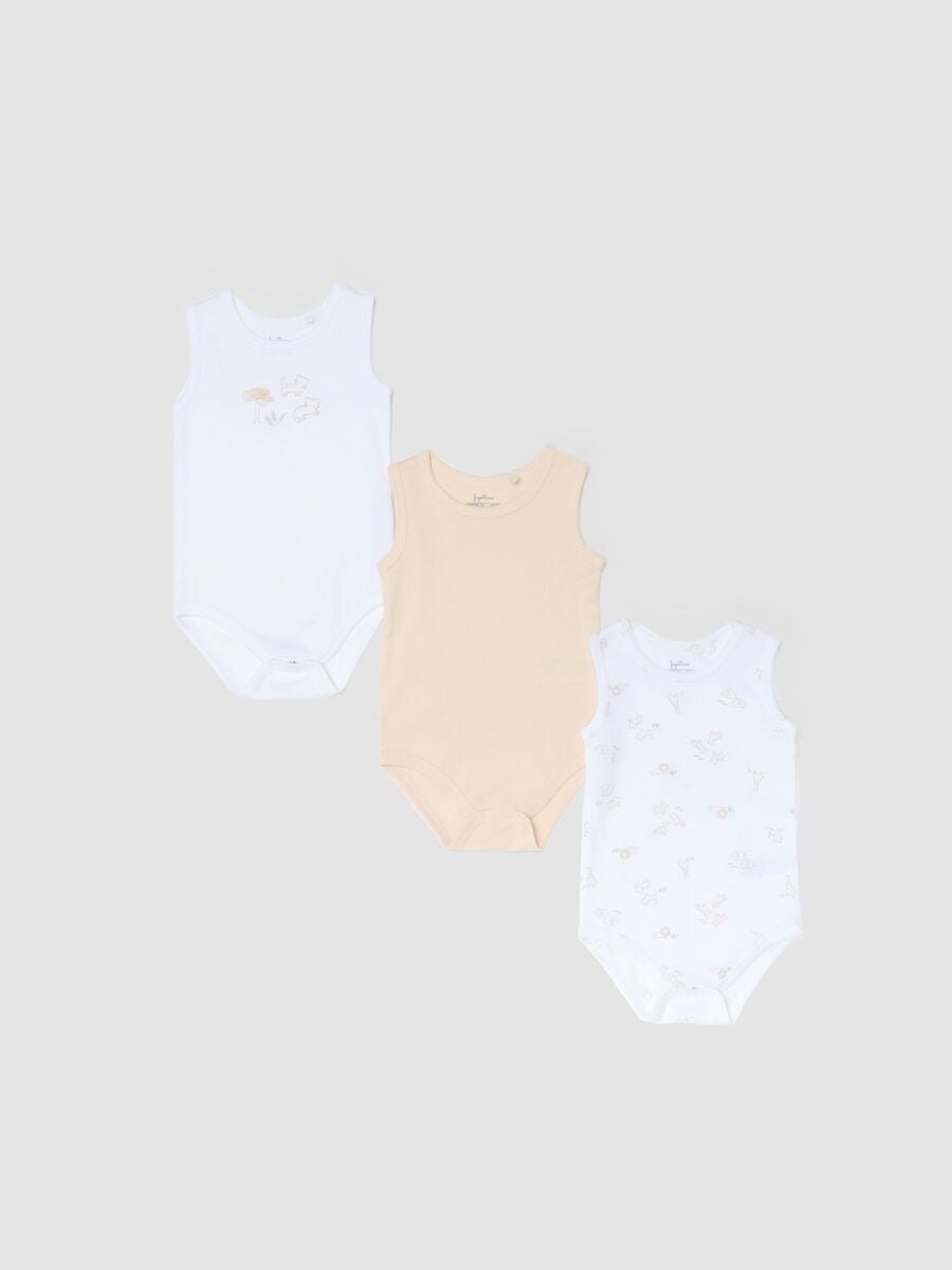 Multicolour sleeveless cotton baby bodysuit trio pack_0