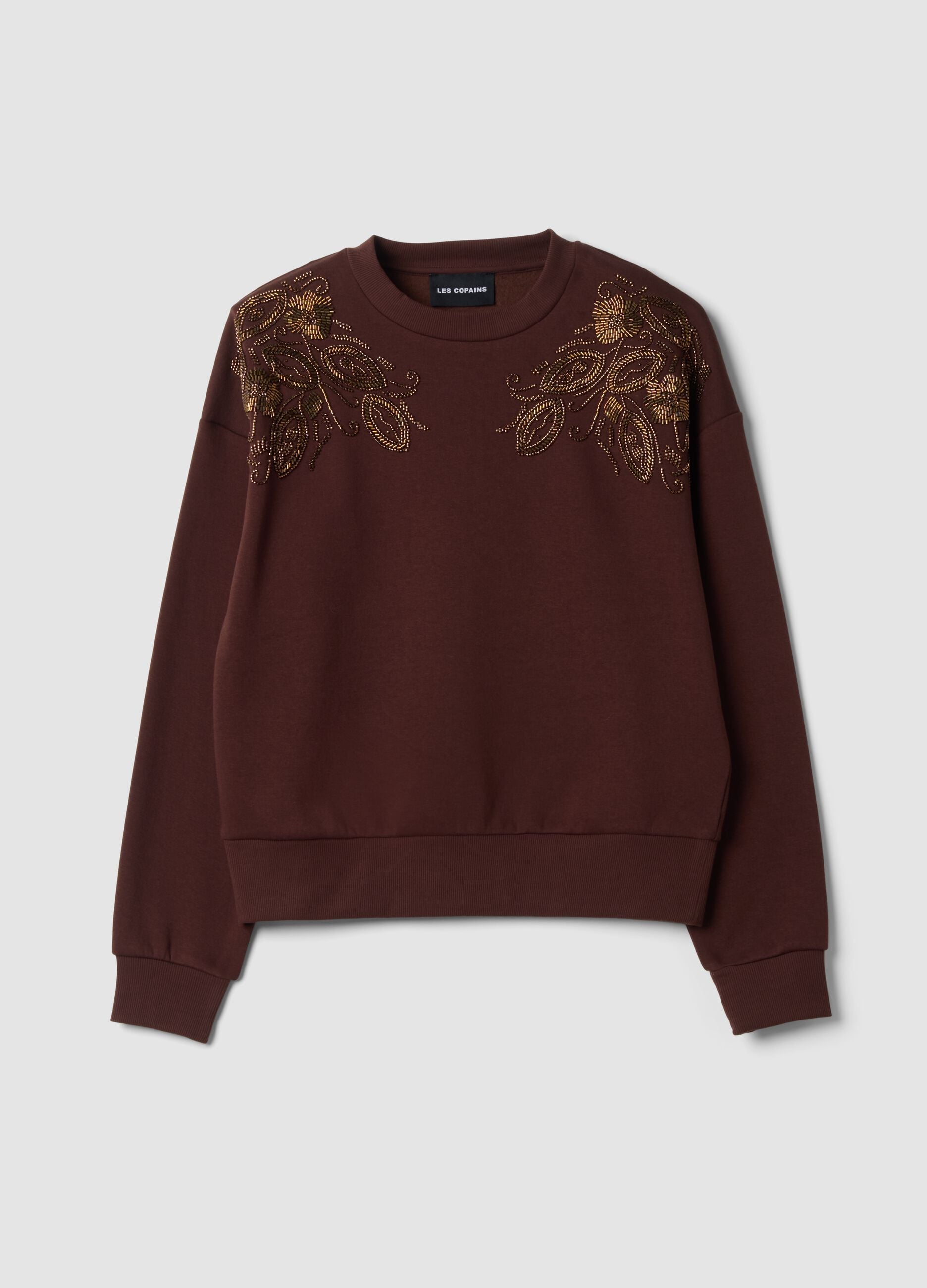 Brown cotton-blend sweatshirt with embroidered crew neck