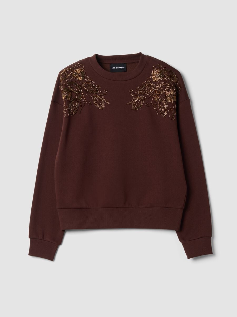 Brown cotton-blend sweatshirt with embroidered crew neck_0