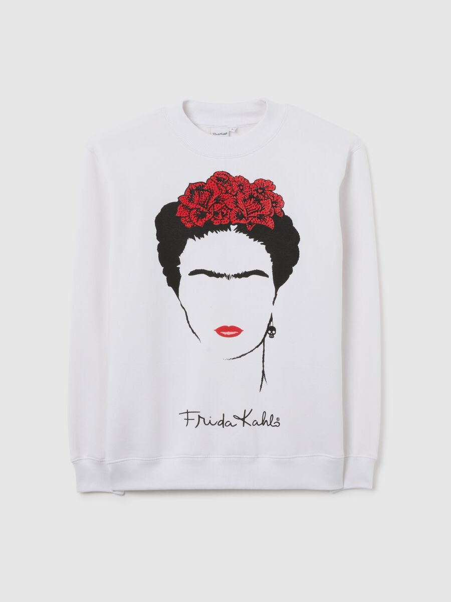 Felpa da donna in misto cotone bianca regular fit con grafica Frida Khalo_4
