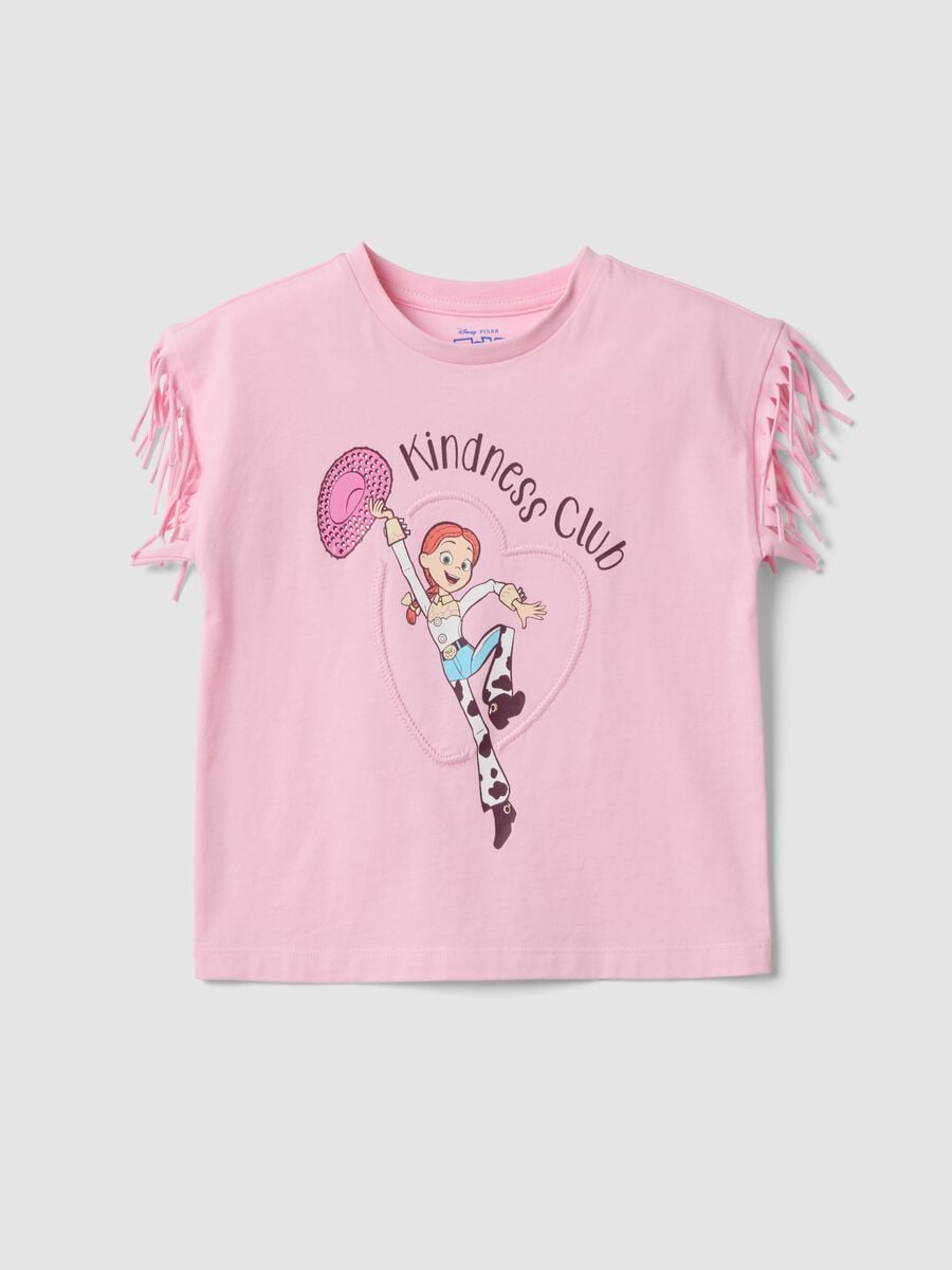 T-shirt rosa in puro cotone con frange sulle maniche e stampa Toy Story_1