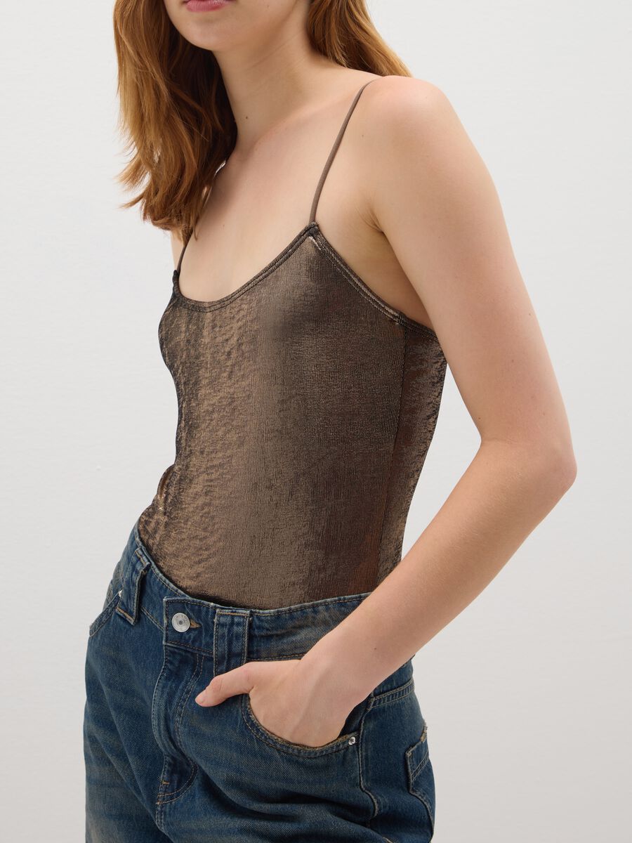 Fitted Elastic Brown Fabric Bodysuit_3