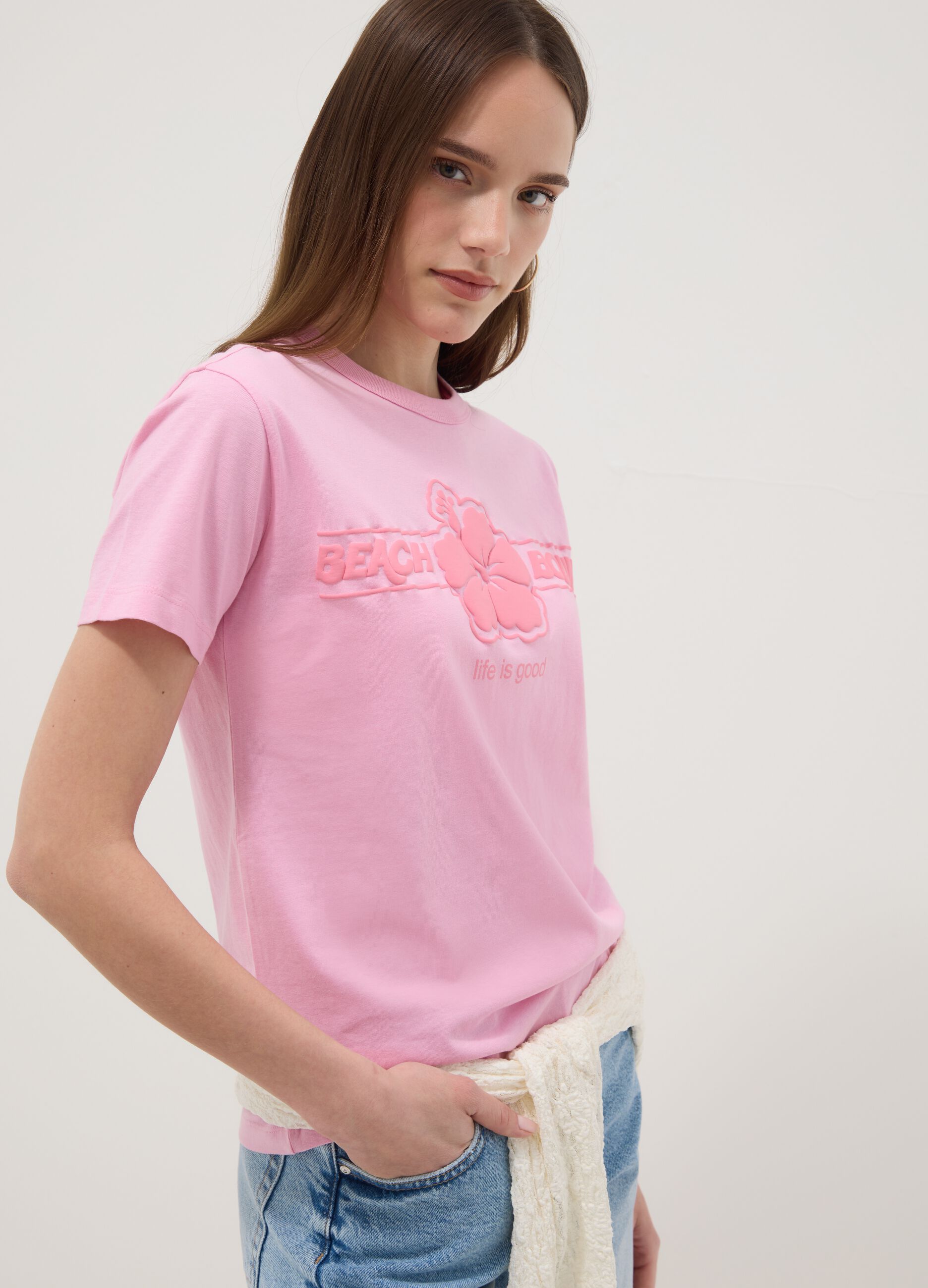 Pink pure cotton T-shirt regular fit with flower