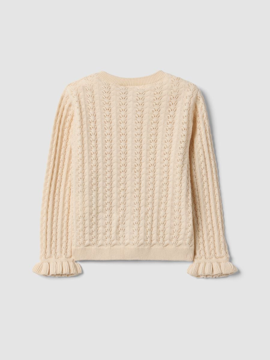 Beige pure cotton openwork knit cardigan for baby girl_1