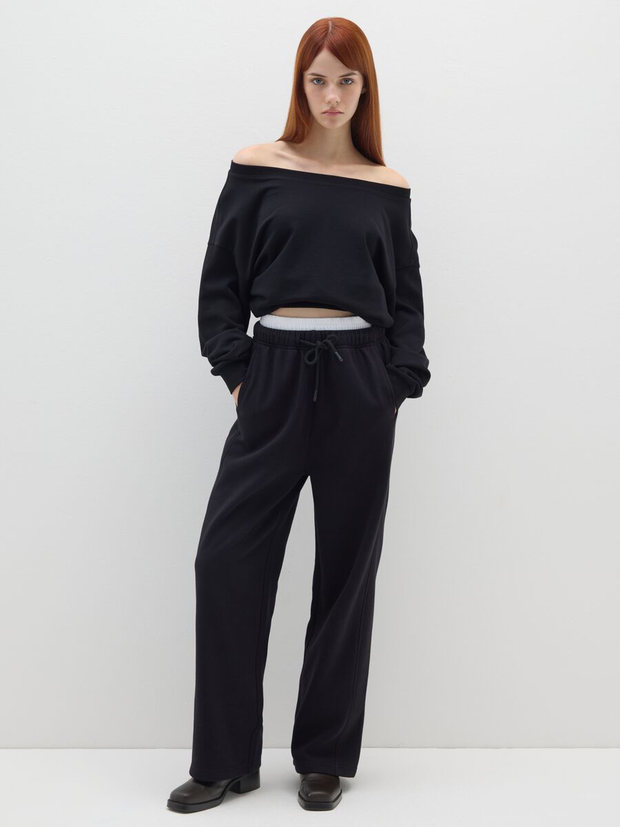 Black cotton blend wide leg joggers_0