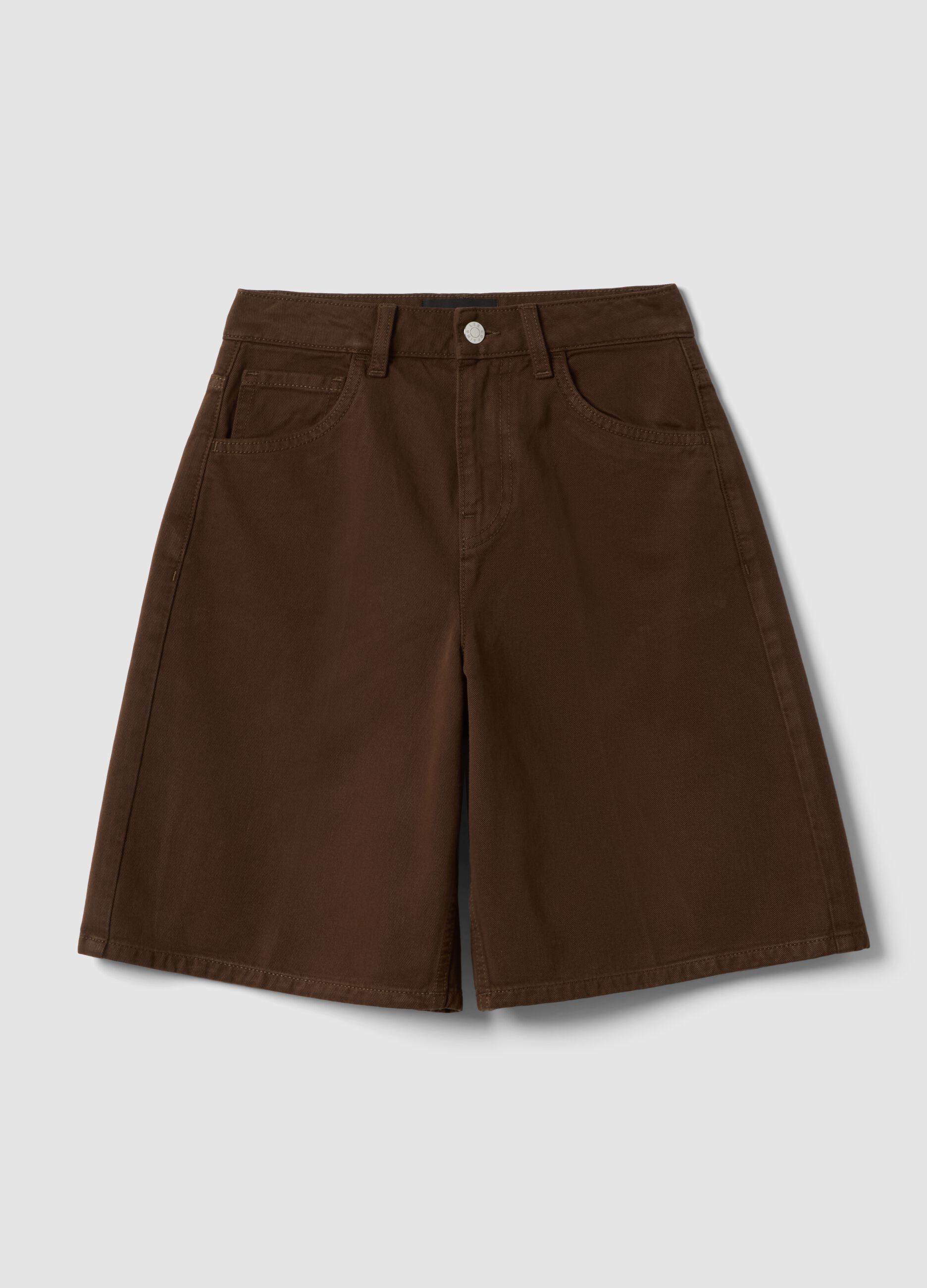 Shorts in puro cotone denim marrone wide leg
