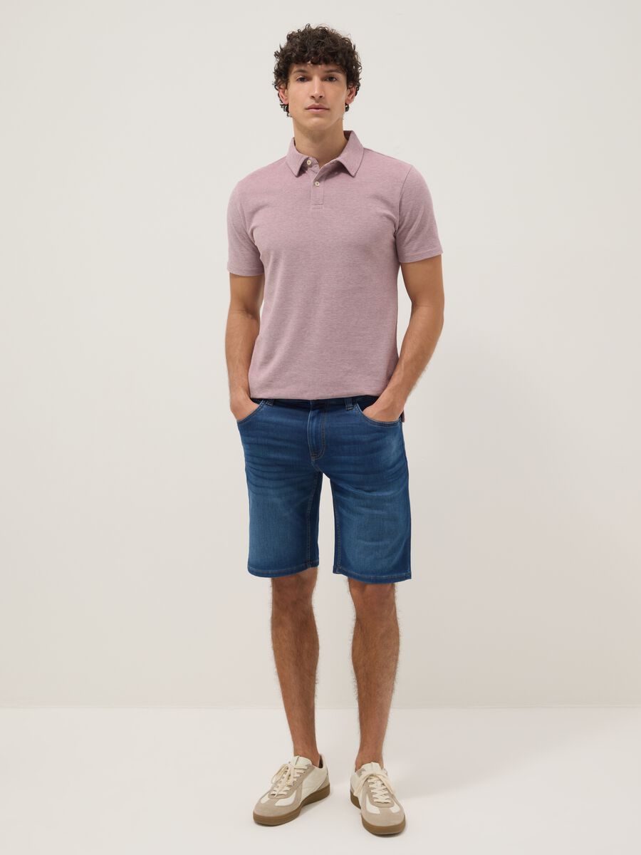 Blue Stretch Cotton Blend Denim Slim Fit Shorts_0