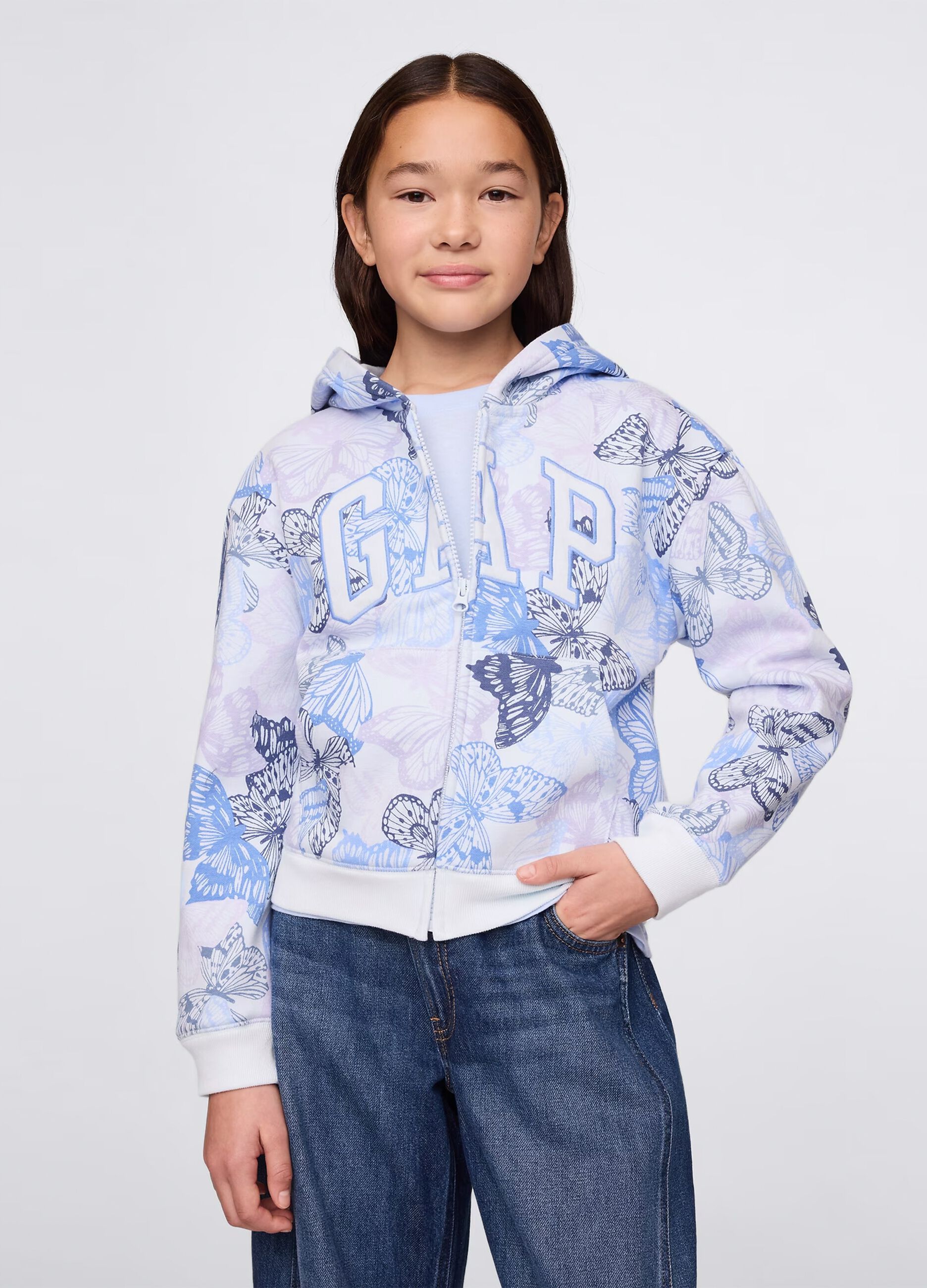 Light blue and purple full-zip sweatshirt with hood, butterflies print and logo embroidery