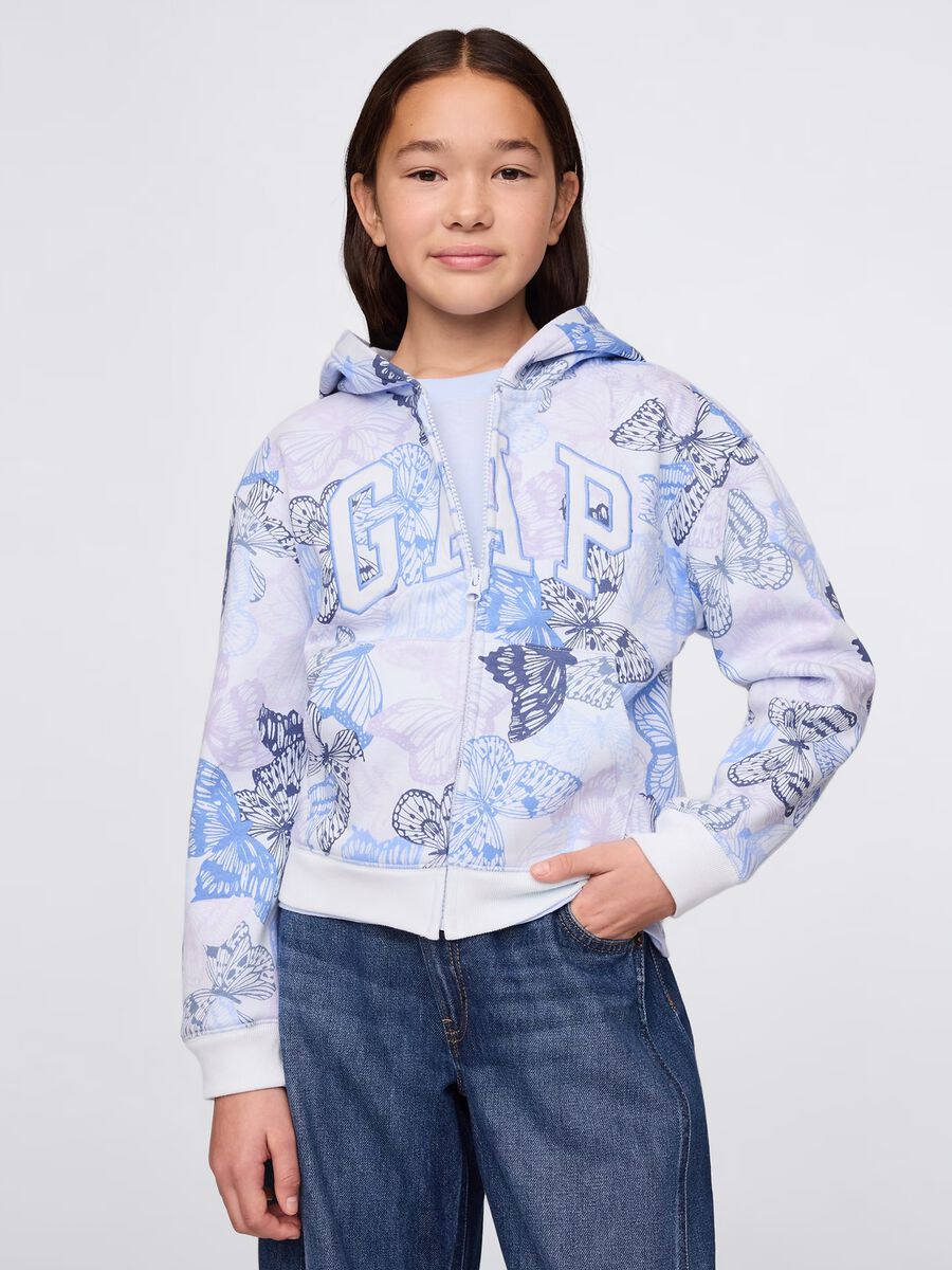 Full-zip azzurra e viola con cappuccio stampa farfalle e ricamo logo_0