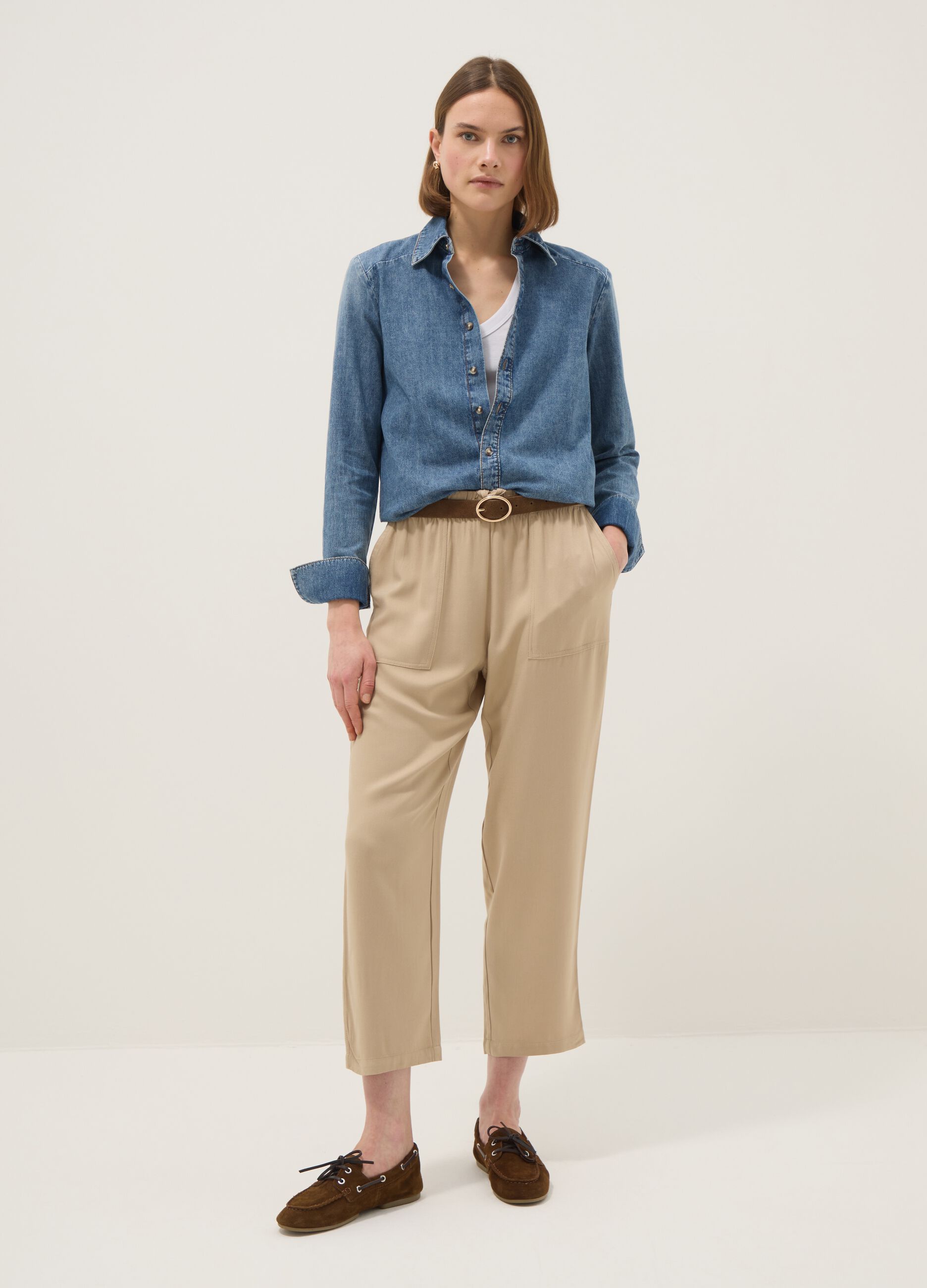 Beige Pure Viscose Jogger Trousers Regular Fit