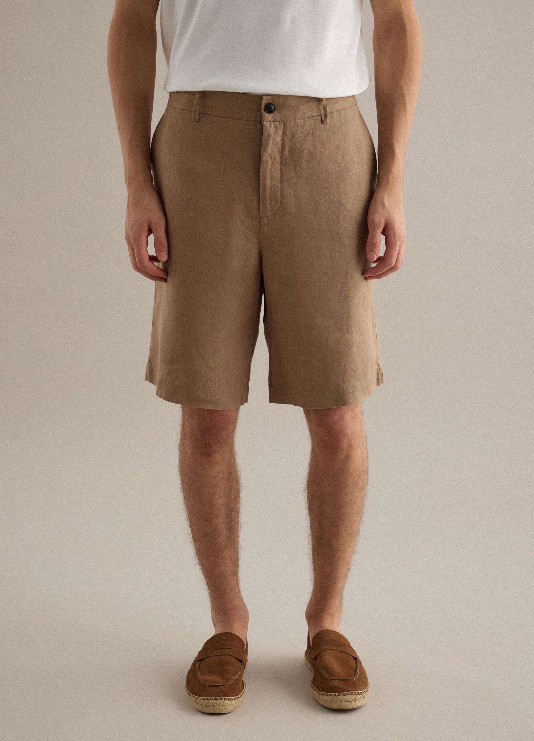 Regular Fit Brown Pure Linen Bermuda Shorts