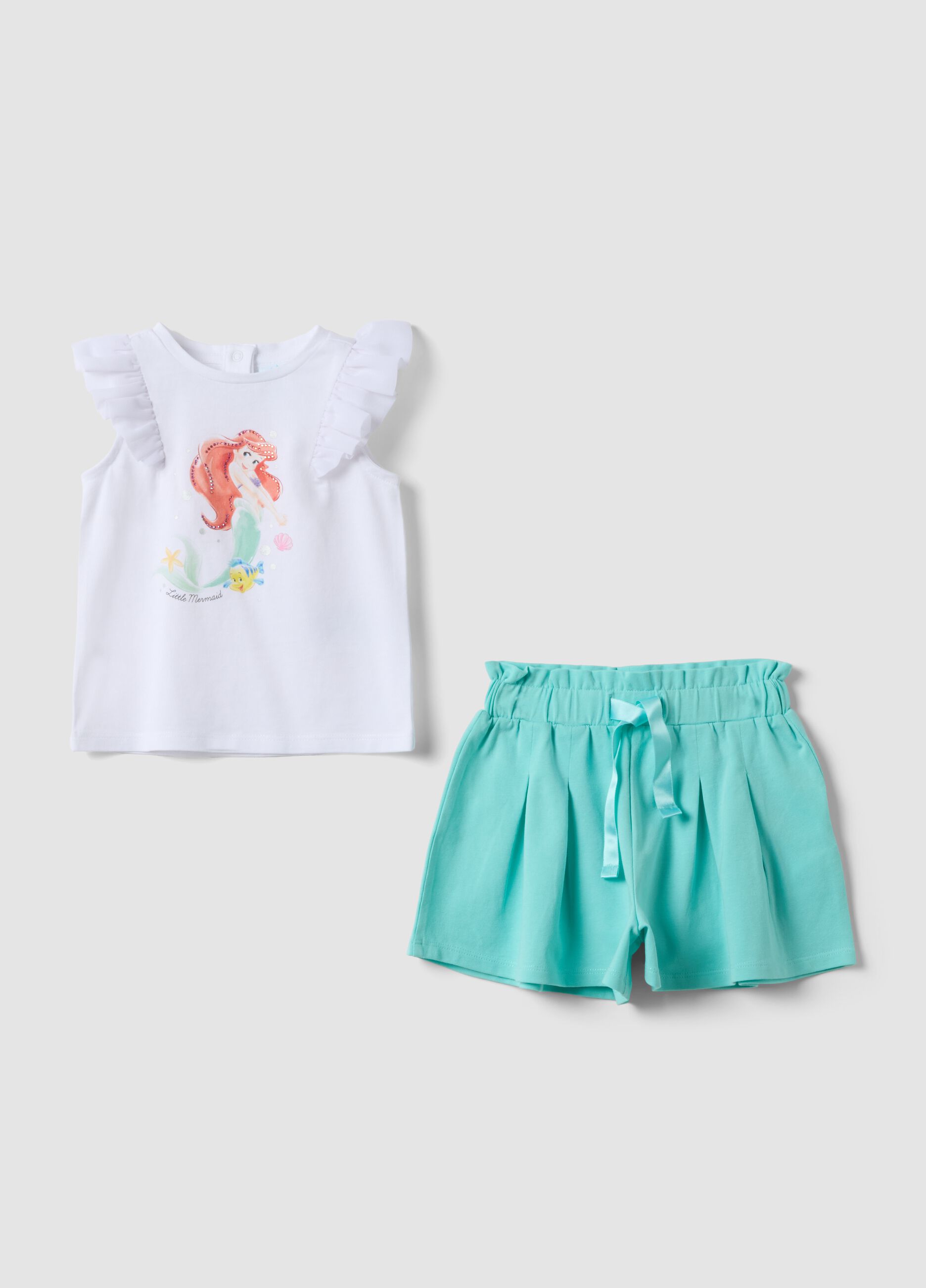 White stretch cotton set with top and shorts for baby girl, regular fit