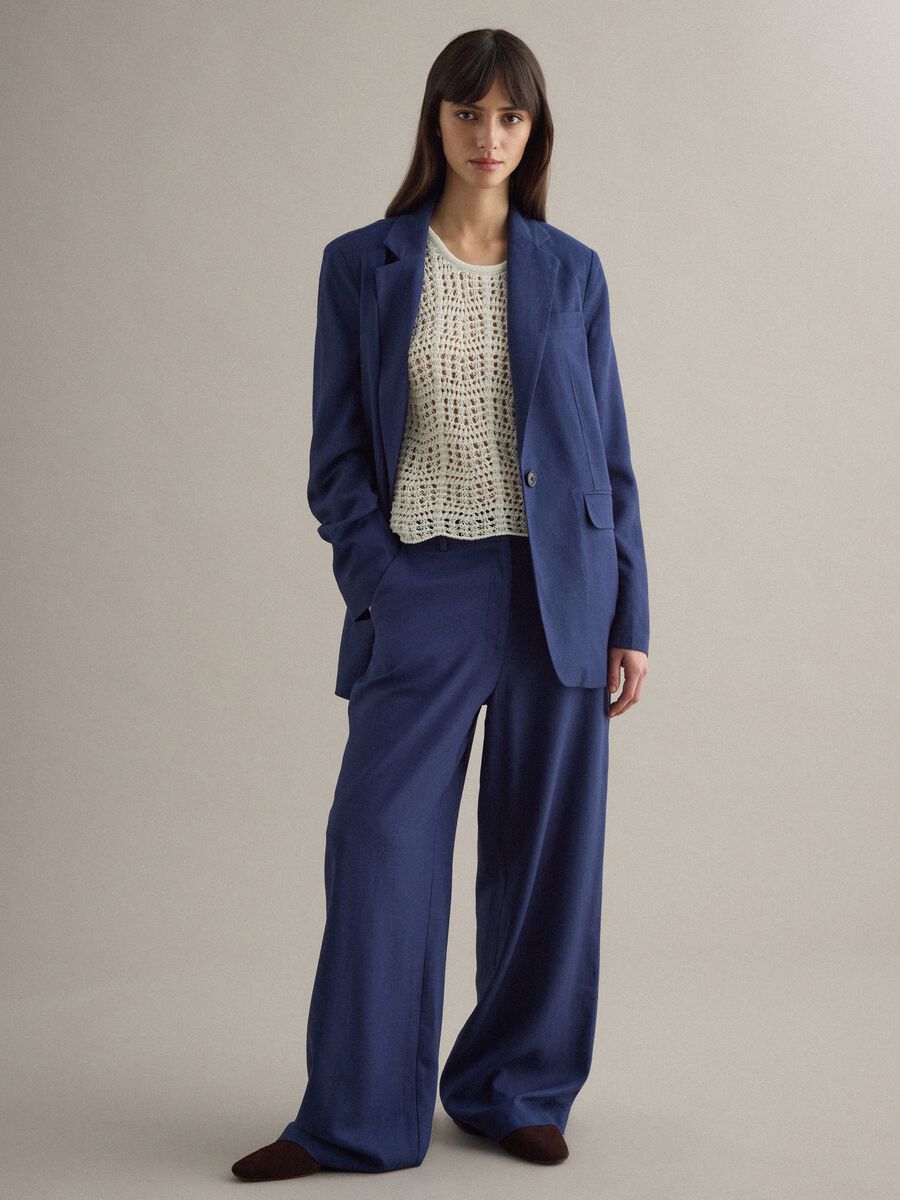 Straight blue regular fit viscose and linen blend chino trousers_0