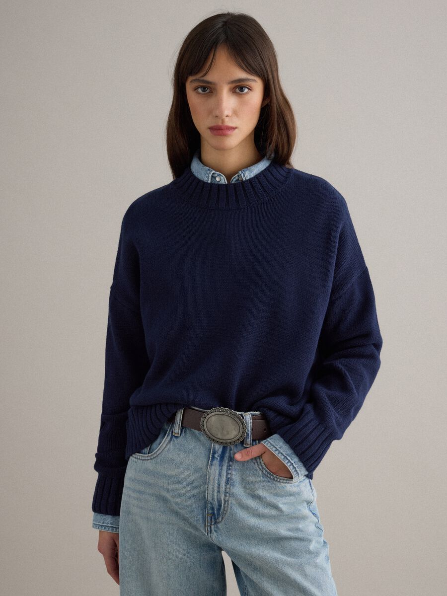 Pure cotton regular fit blue crew neck jumper_1