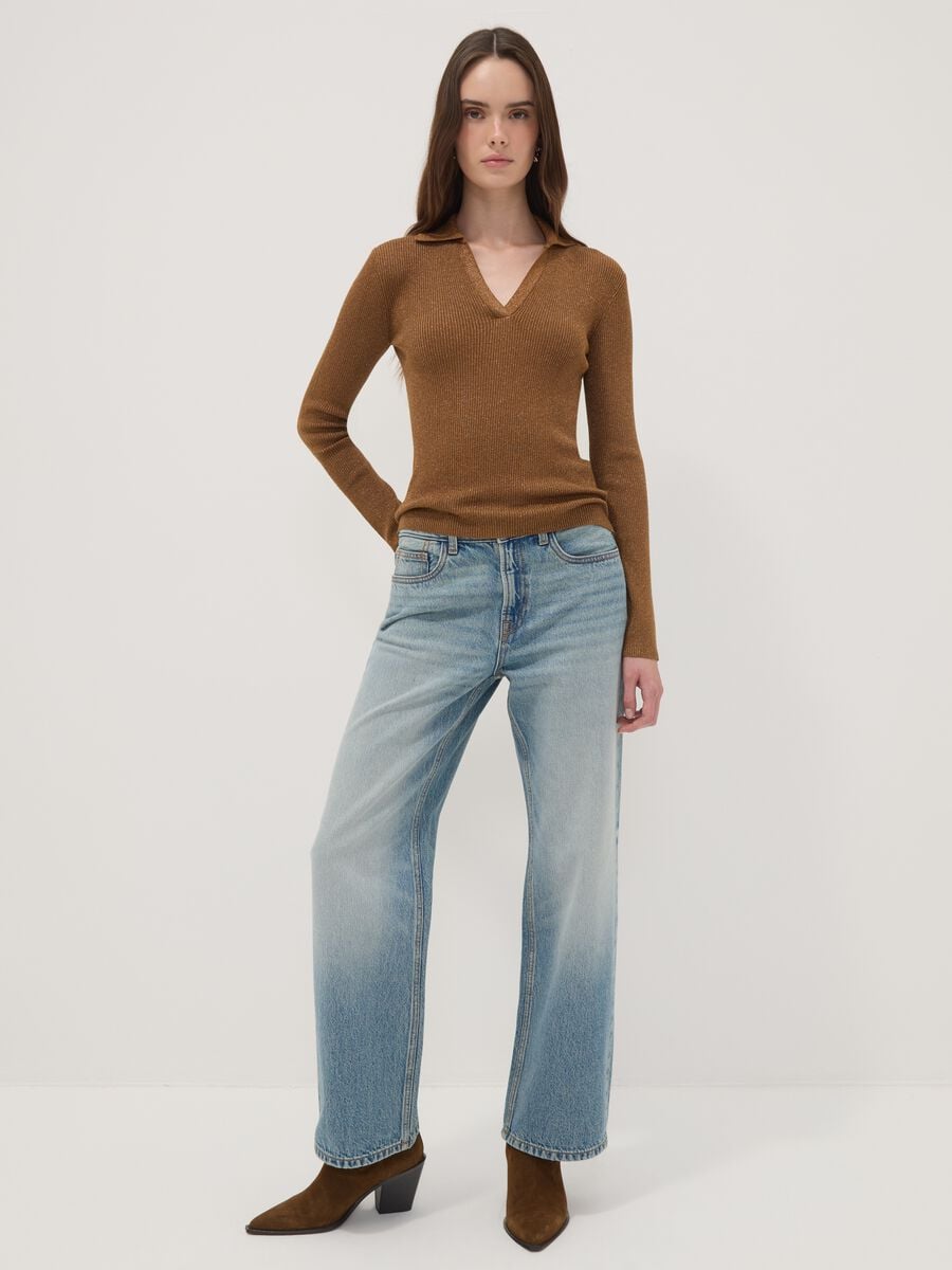 Brown ribbed viscose-blend polo-collar top_2