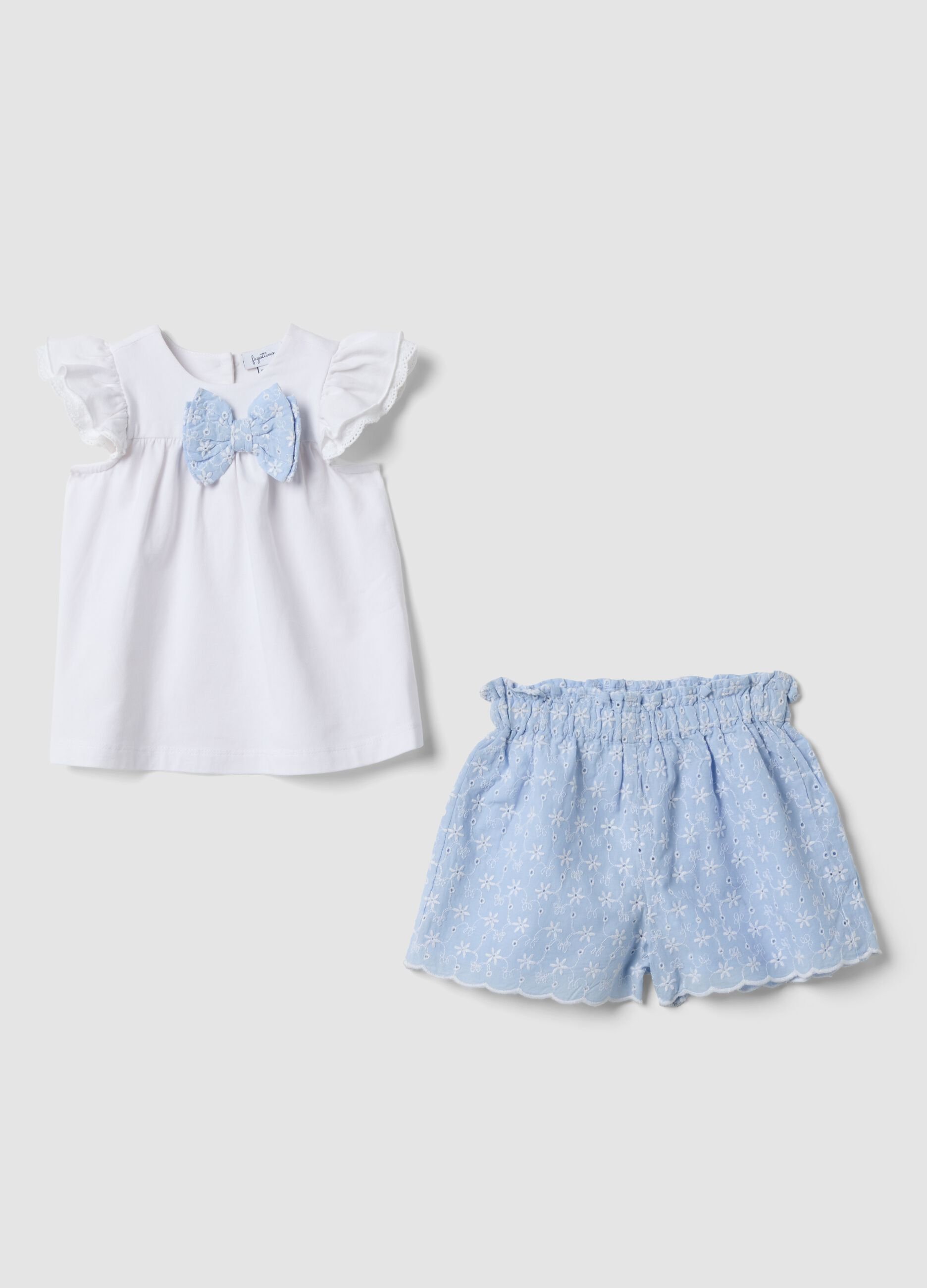 Blue and white pure cotton set with blouse and shorts