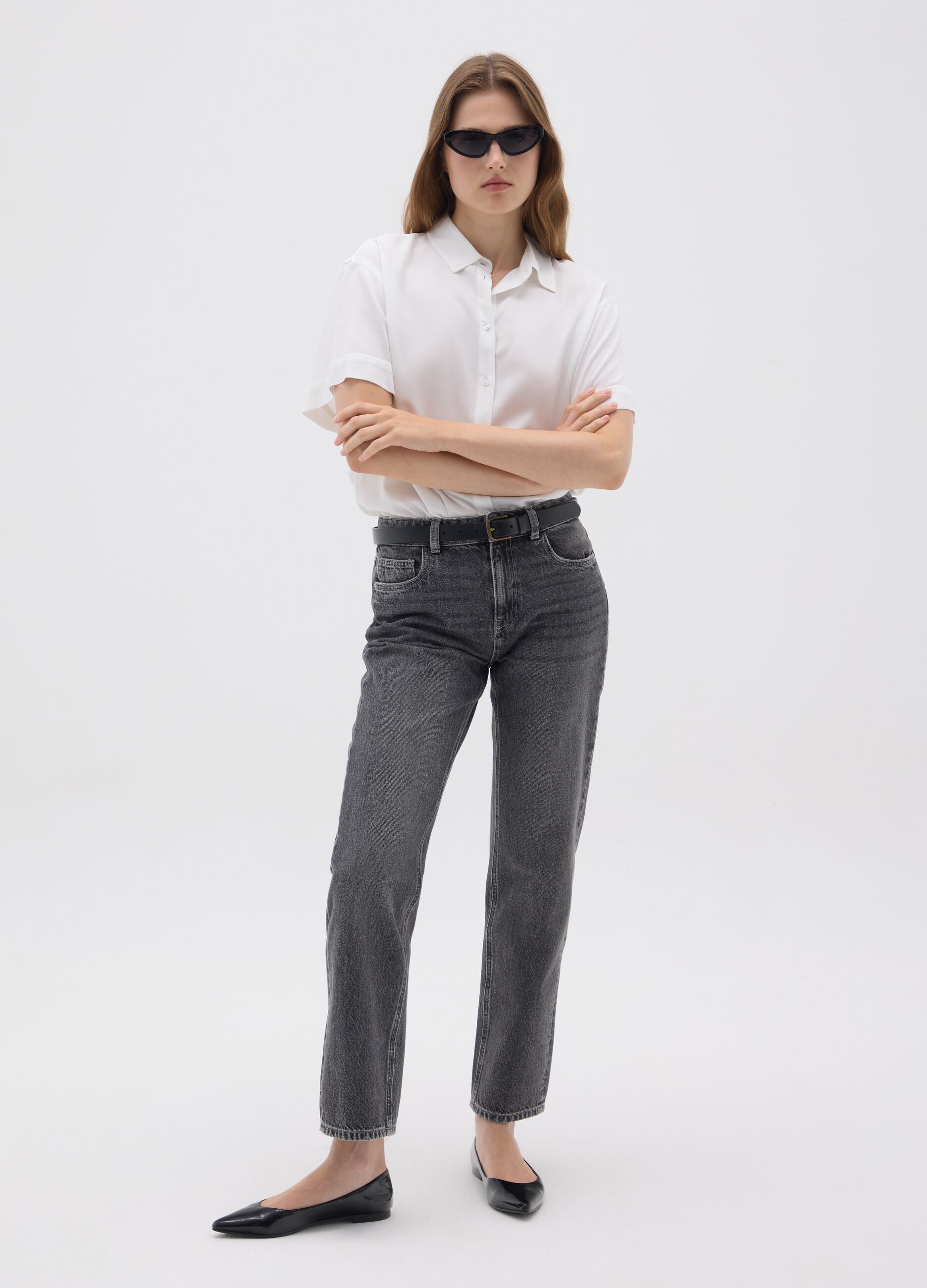 Women's grey regular-fit pure cotton jeans