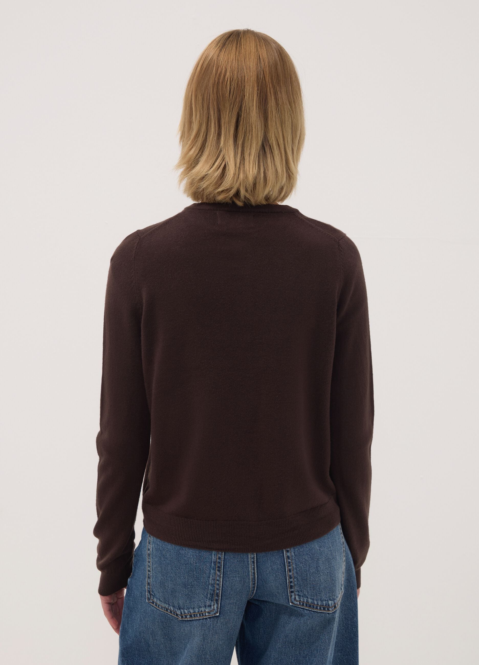 Brown crew-neck regular-fit cardigan with buttons