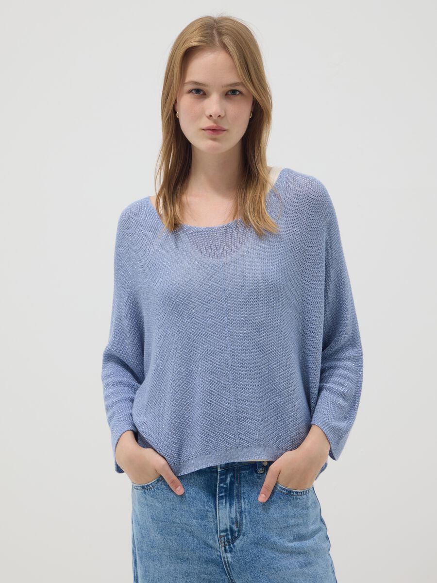 Maglia azzurra in misto viscosa e lino con scollo a V_1