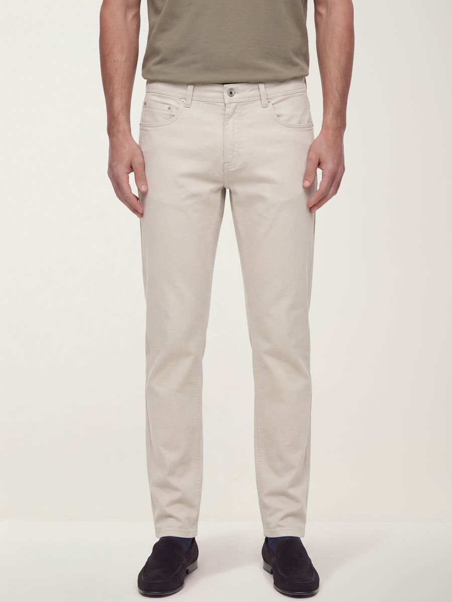 Beige slim-fit stretch cotton dobby trousers_1