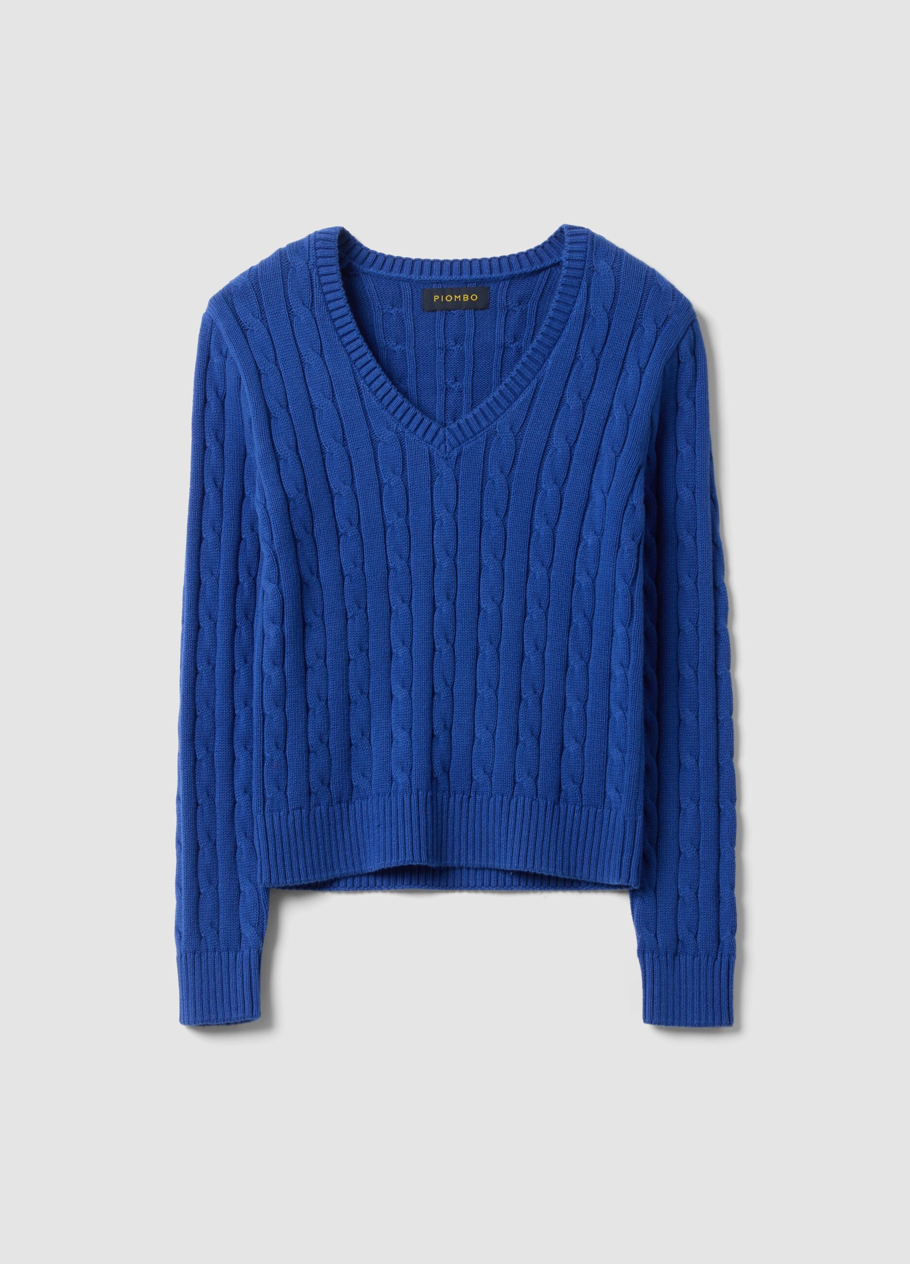 Blue pure cotton cable-knit jumper with deep V-neck