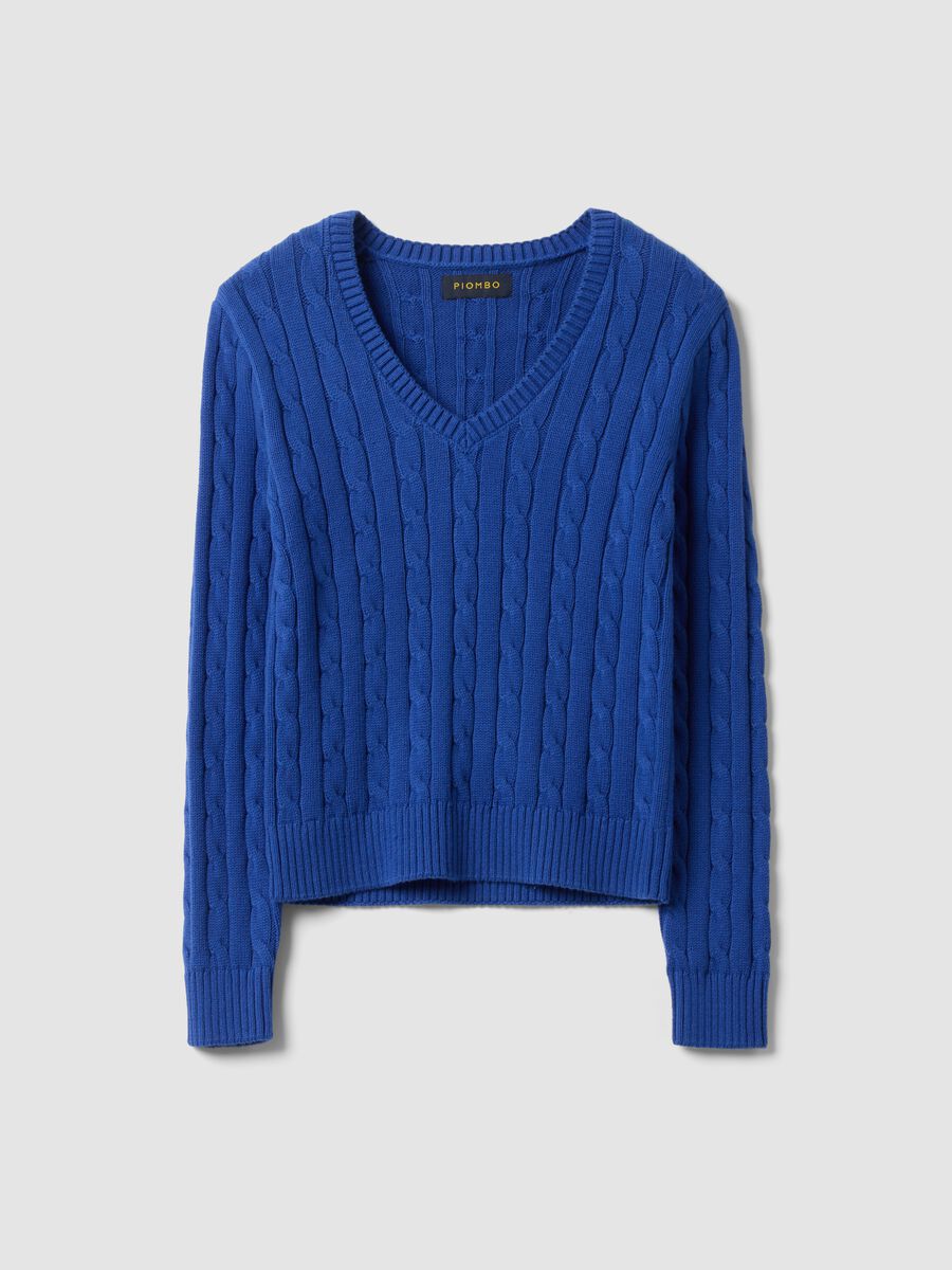 Maglia blu in puro cotone a trecce con scollo profondo a V_0