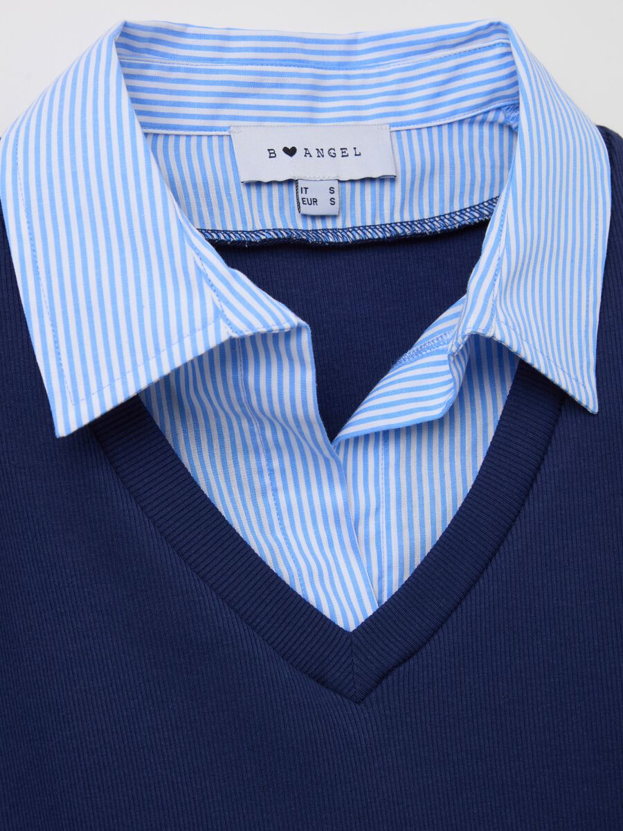 Blue ribbed T-shirt with contrasting collar_5