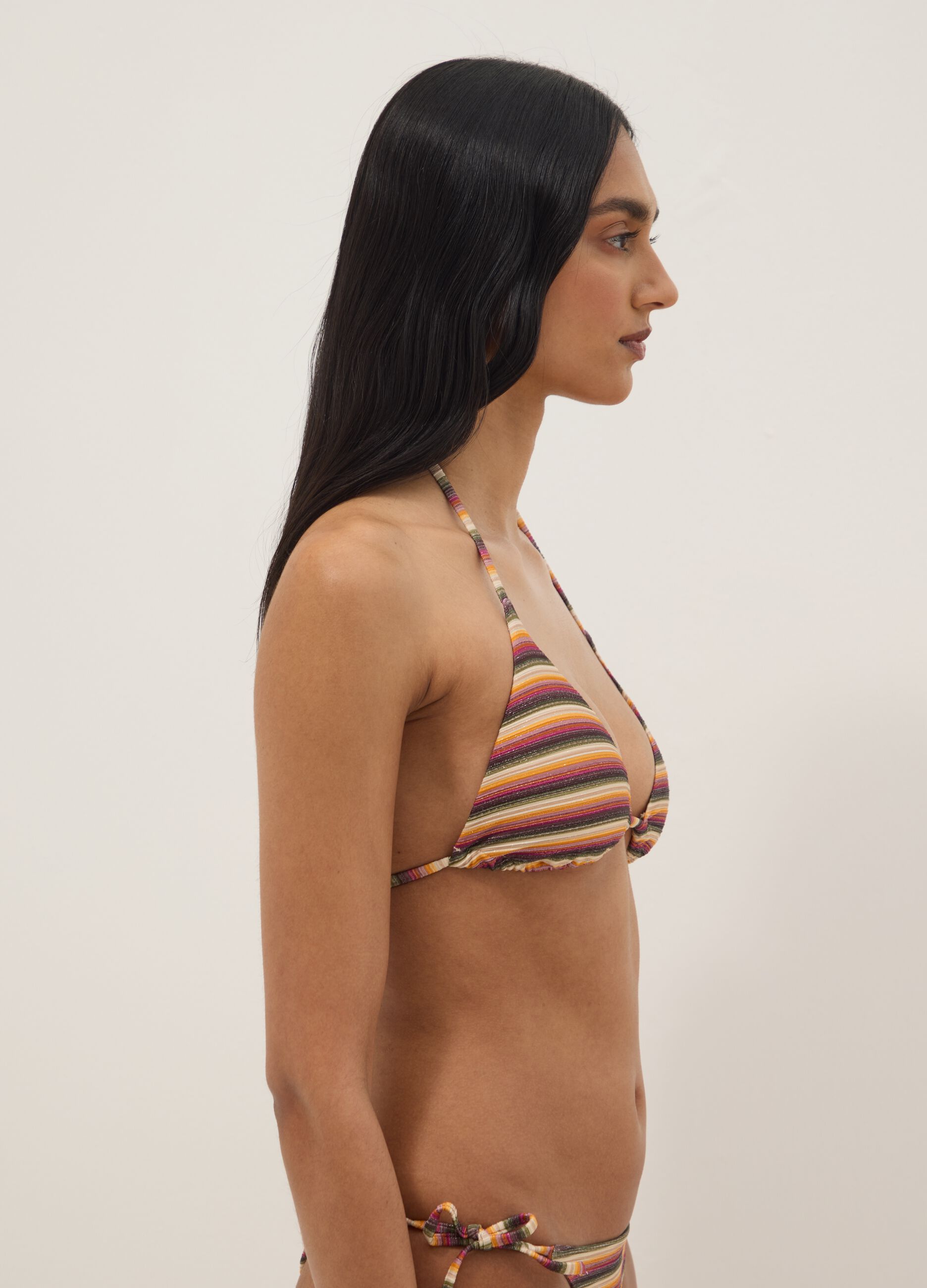Multicoloured striped triangle bikini top in stretch fabric