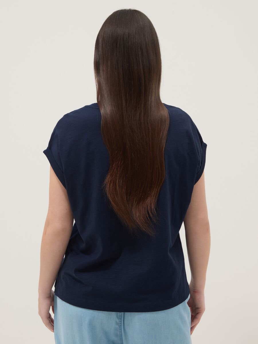 Short-sleeve pure cotton blue V-neck regular fit T-shirt_3