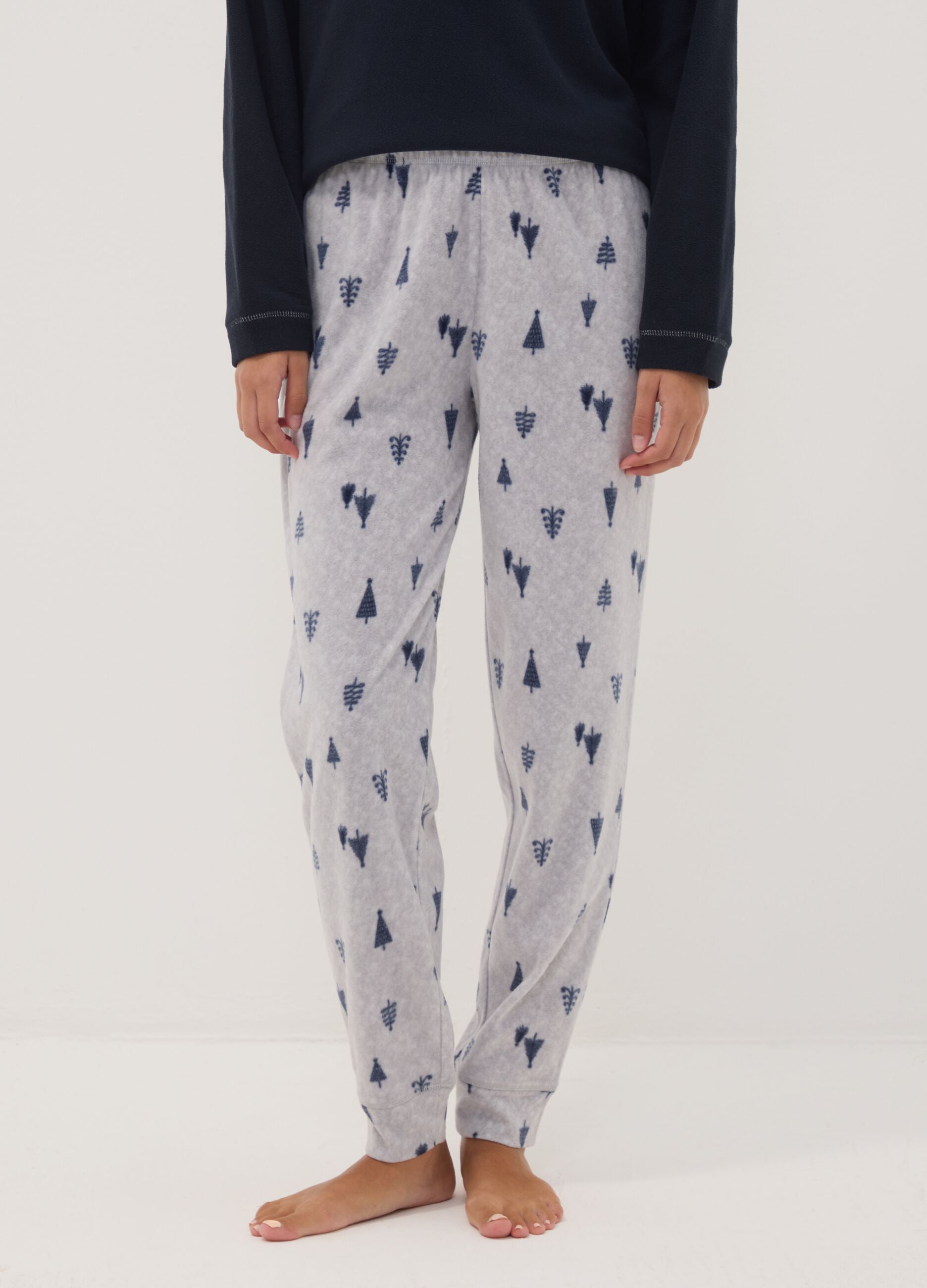 Pigiama blu notte in pile con girocollo e pantaloni stampati