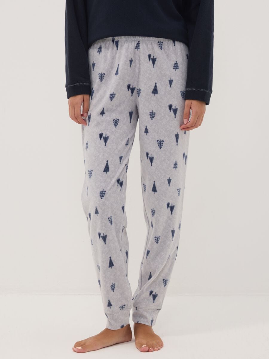 Pigiama blu notte in pile con girocollo e pantaloni stampati_2